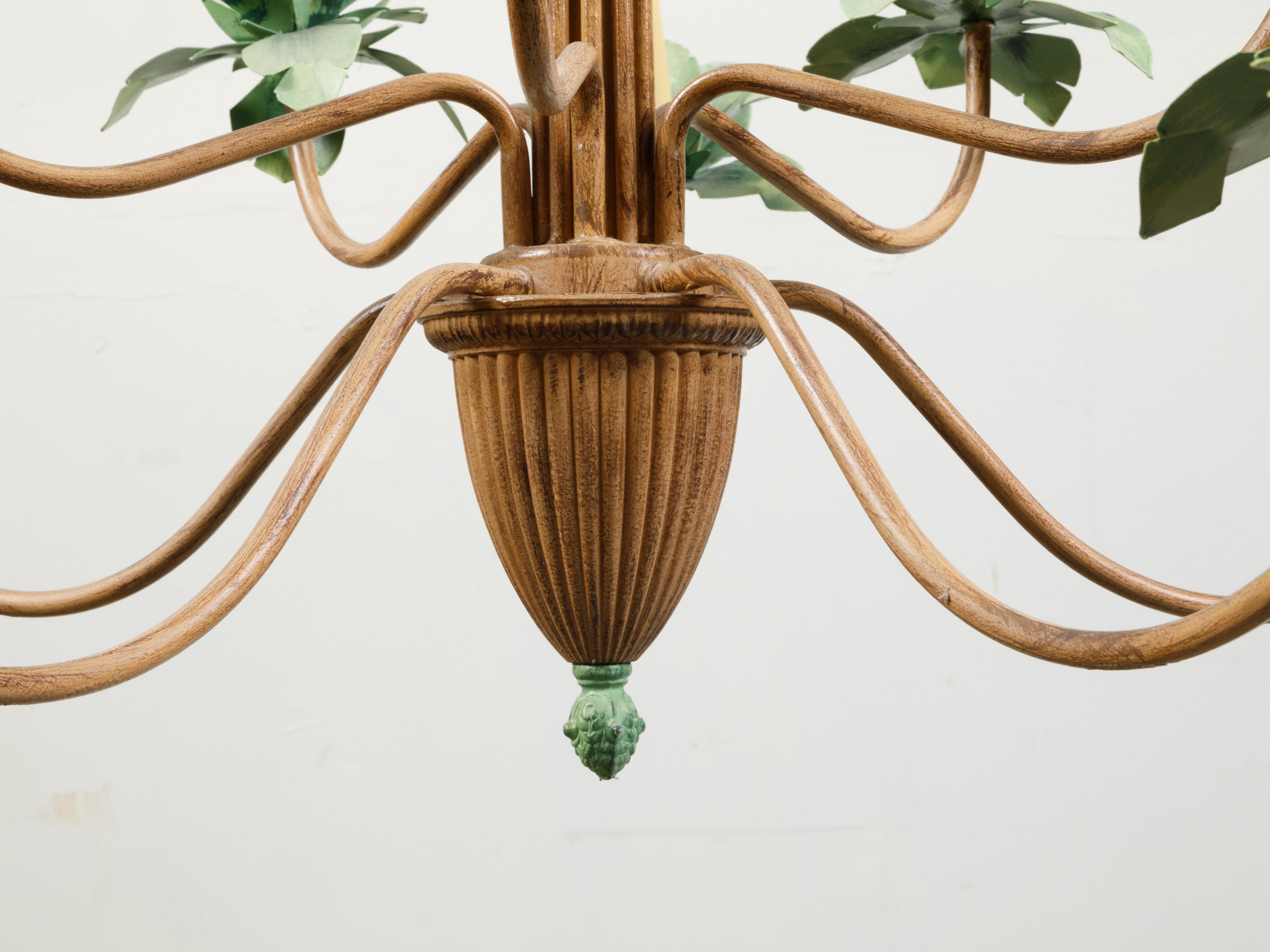 20th Century Mid-Century Painted Tôle 10-Arm Palm Tree Light Fixture with Green Leaves For Sale