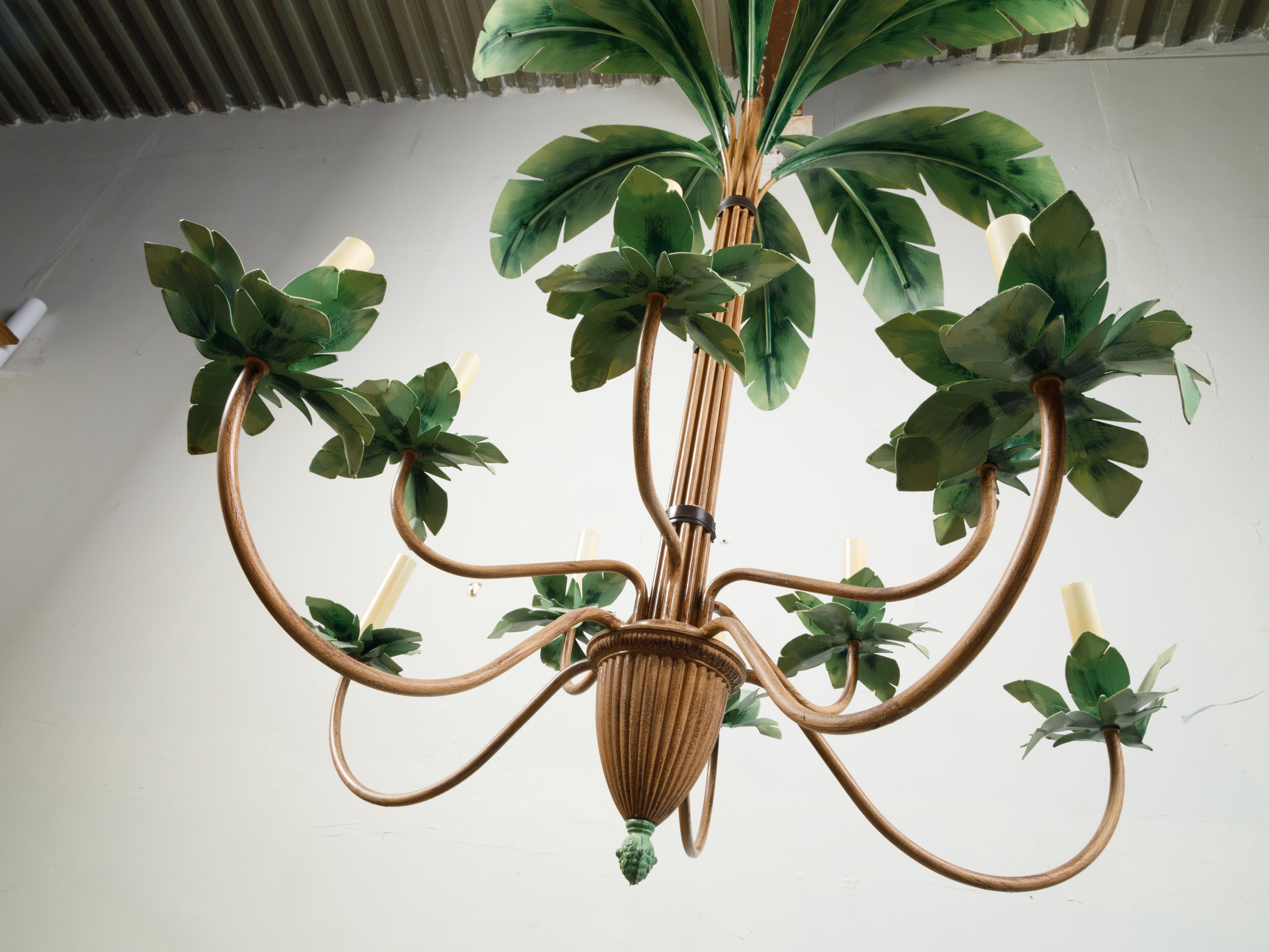 20ième siècle Tôle peinte du milieu du siècle, luminaire à 10 branches en forme de palmier avec des feuilles vertes en vente