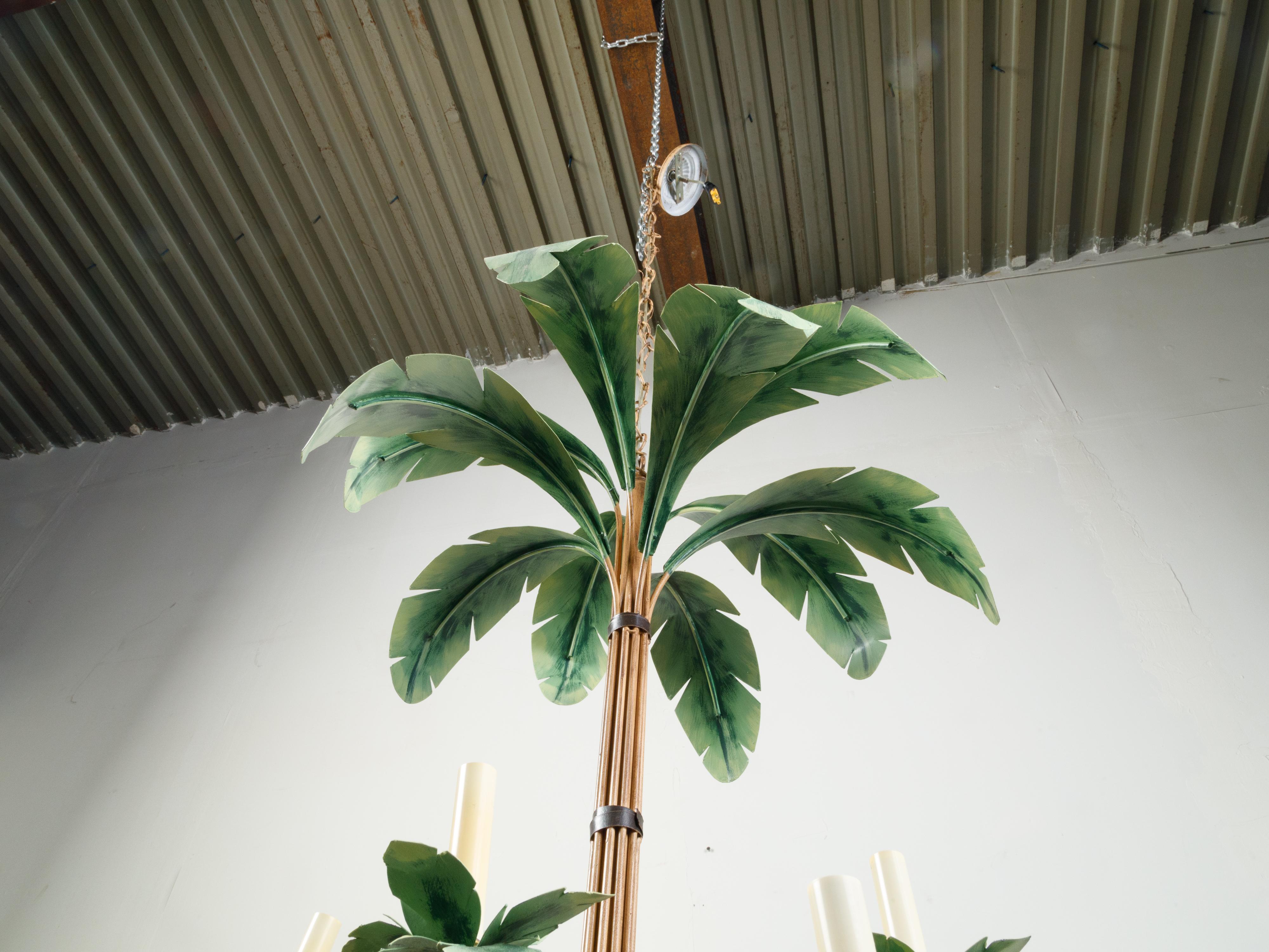 Mid-Century Painted Tôle 10-Arm Palm Tree Light Fixture with Green Leaves For Sale 2