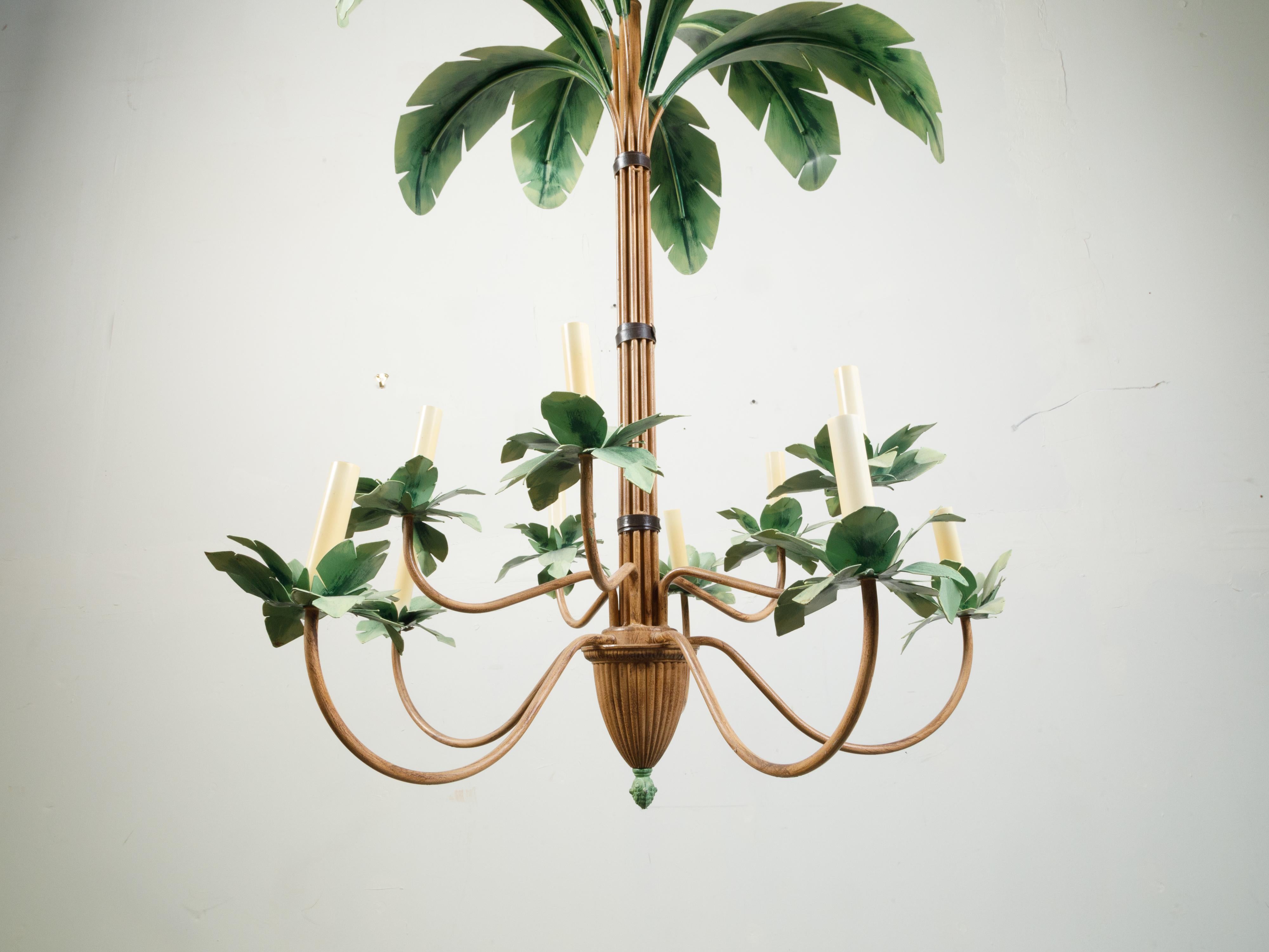 Mid-Century Painted Tôle 10-Arm Palm Tree Light Fixture with Green Leaves For Sale 3