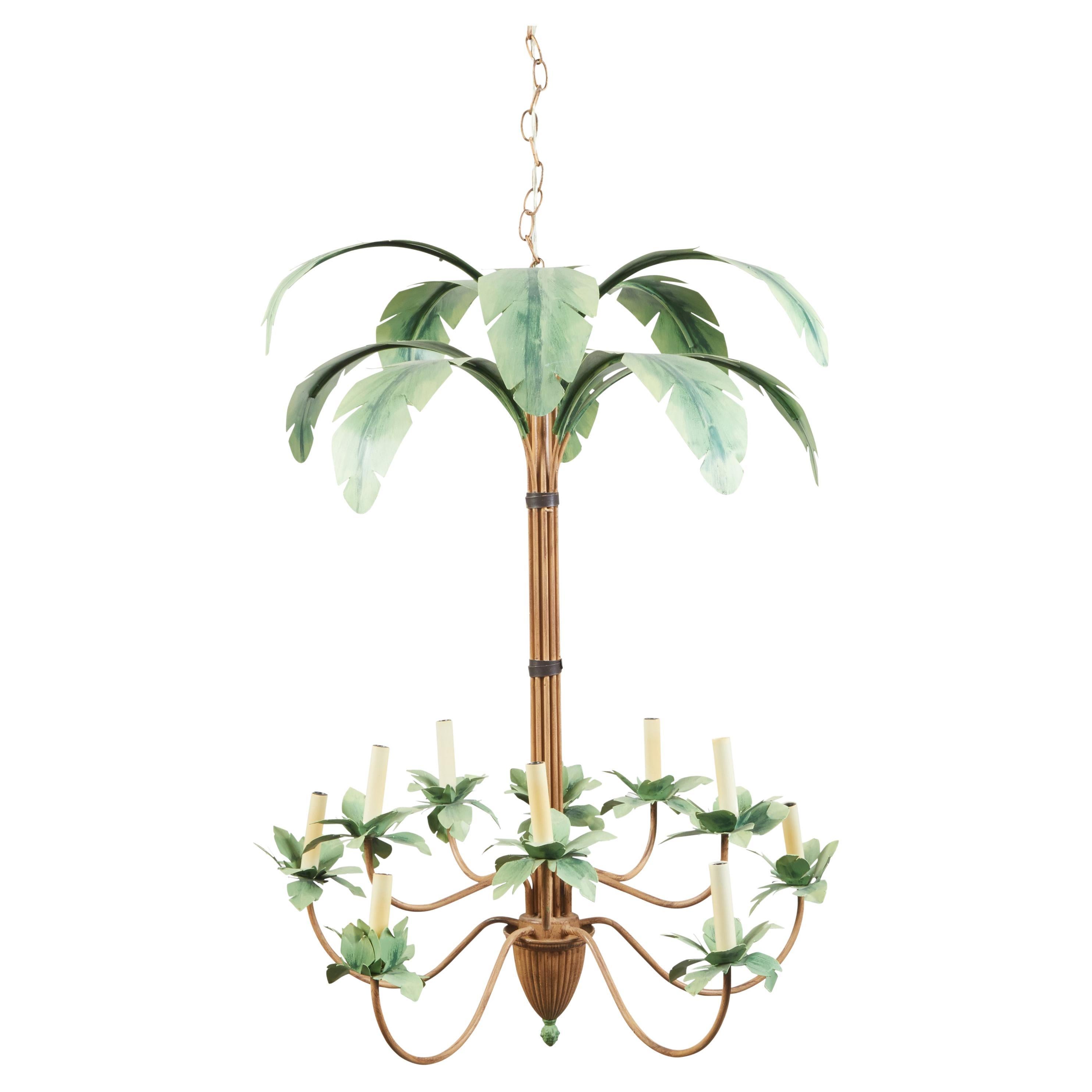 Mid-Century Painted Tôle 10-Arm Palm Tree Light Fixture with Green Leaves