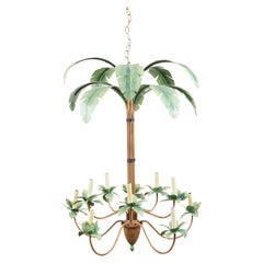 Mid-Century Painted Tôle 10-Arm Palm Tree Light Fixture with Green Leaves