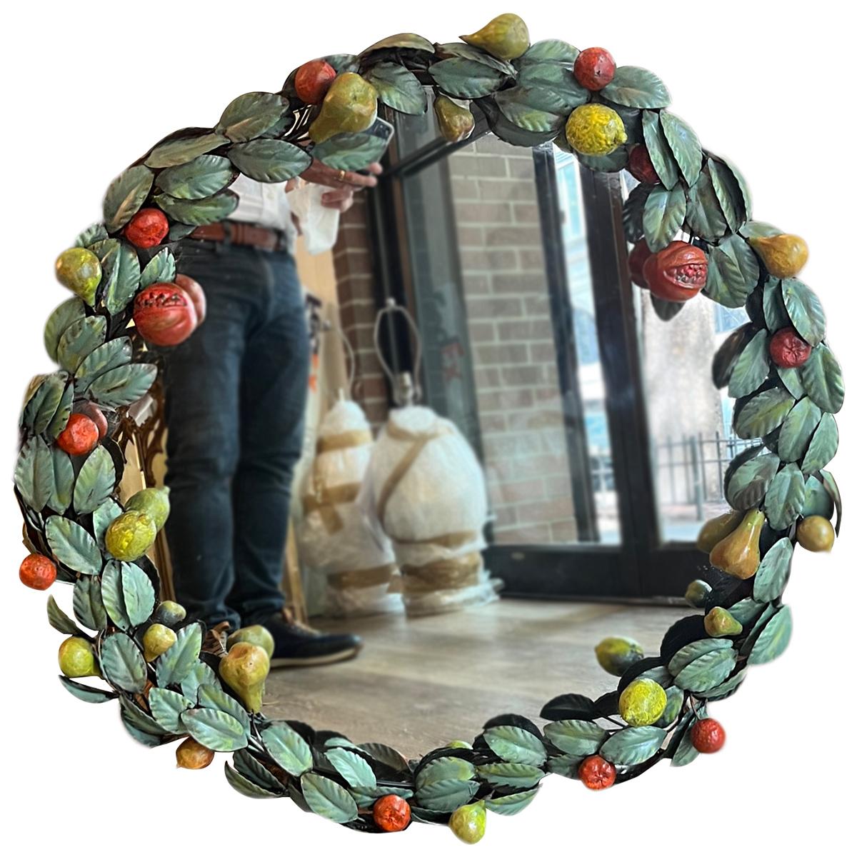 Hand-Painted Round Italian Painted Tole Mirror For Sale