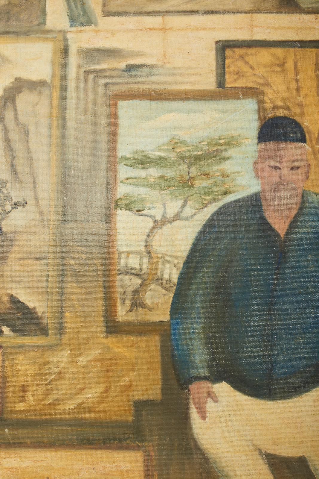 Midcentury Painting of an Asian Artist in His Studio For Sale 5