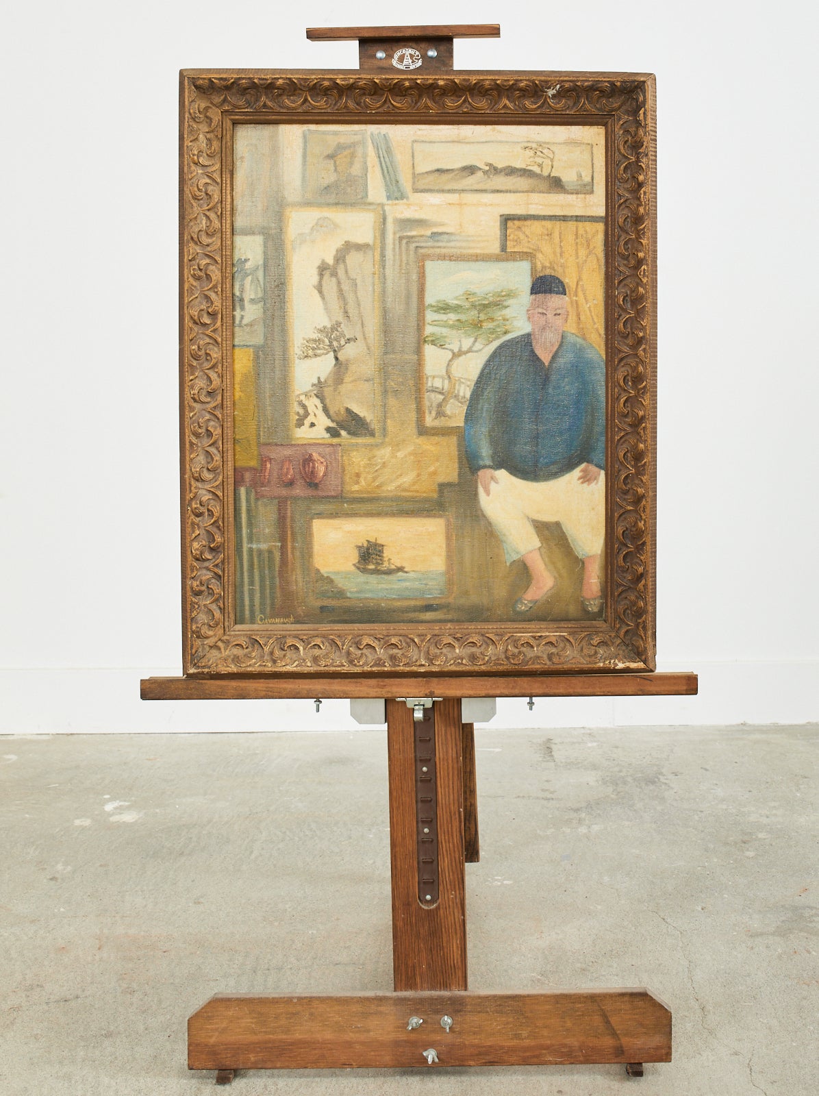 Mid-Century Modern Midcentury Painting of an Asian Artist in His Studio For Sale