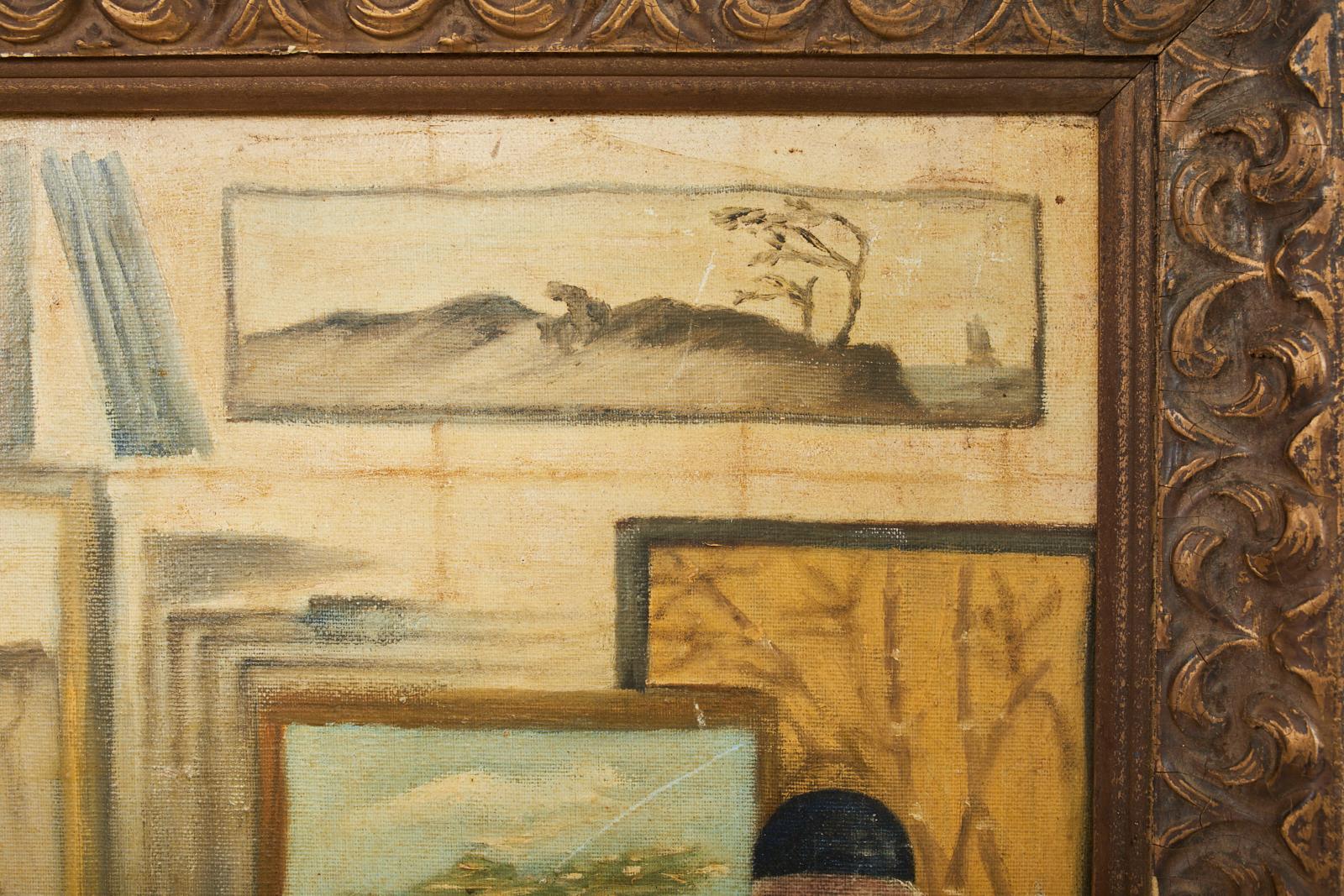 Midcentury Painting of an Asian Artist in His Studio In Fair Condition For Sale In Rio Vista, CA