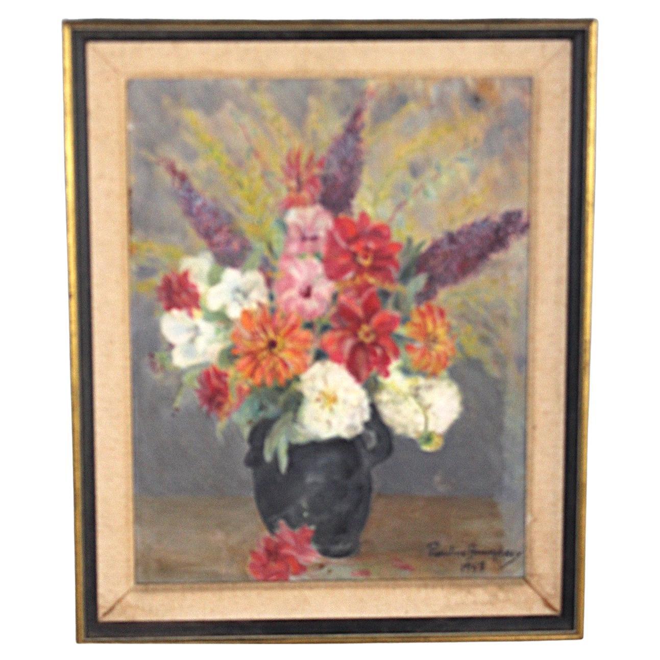 Midcentury Painting  Still Life Of Summer Flowers By Pauline Boumphrey