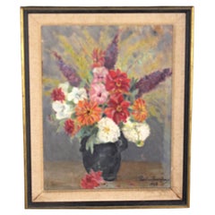 Midcentury Painting  Still Life Of Summer Flowers By Pauline Boumphrey