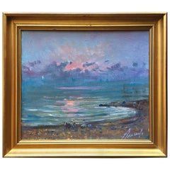 Midcentury Painting Sunrise at Sea, Oil in Canvas by Arnedo Linares, Spain