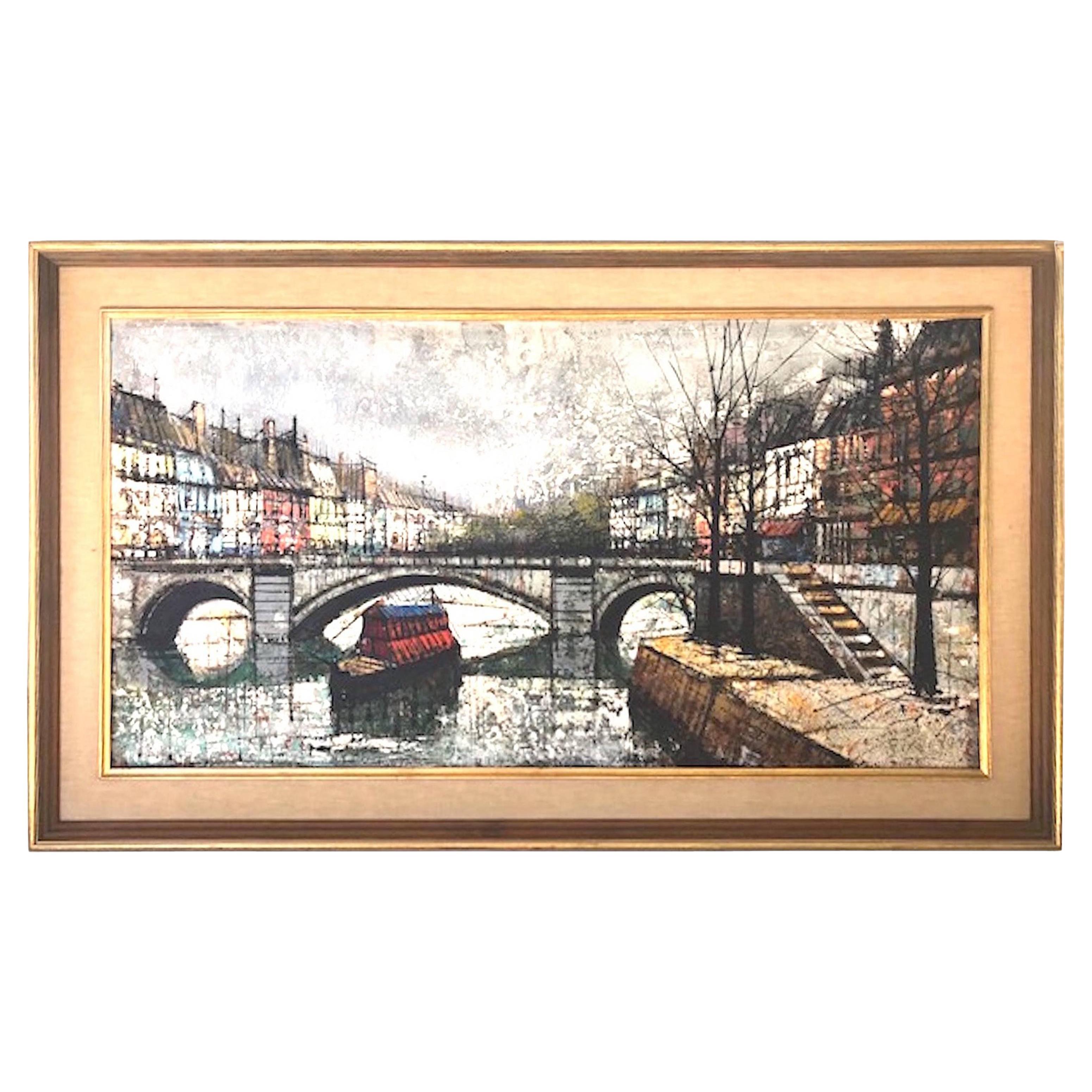 Peinture du milieu du siècle dernier « View Canal St. Martin » (Voir le canal de Saint Martin), dans le style de Bernard Buffet
