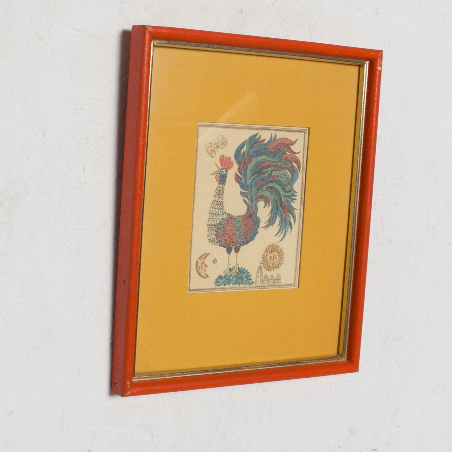 Midcentury Art Two Framed Prints Bright Rooster & Flower Orange Yellow 1970s A pair of small colorful art pieces; a rooster and a floral print.
Orange and yellow colors dominant. 
Framed with glass. 
No signature. 
9w 11h Art: 4 x 5h each piece.