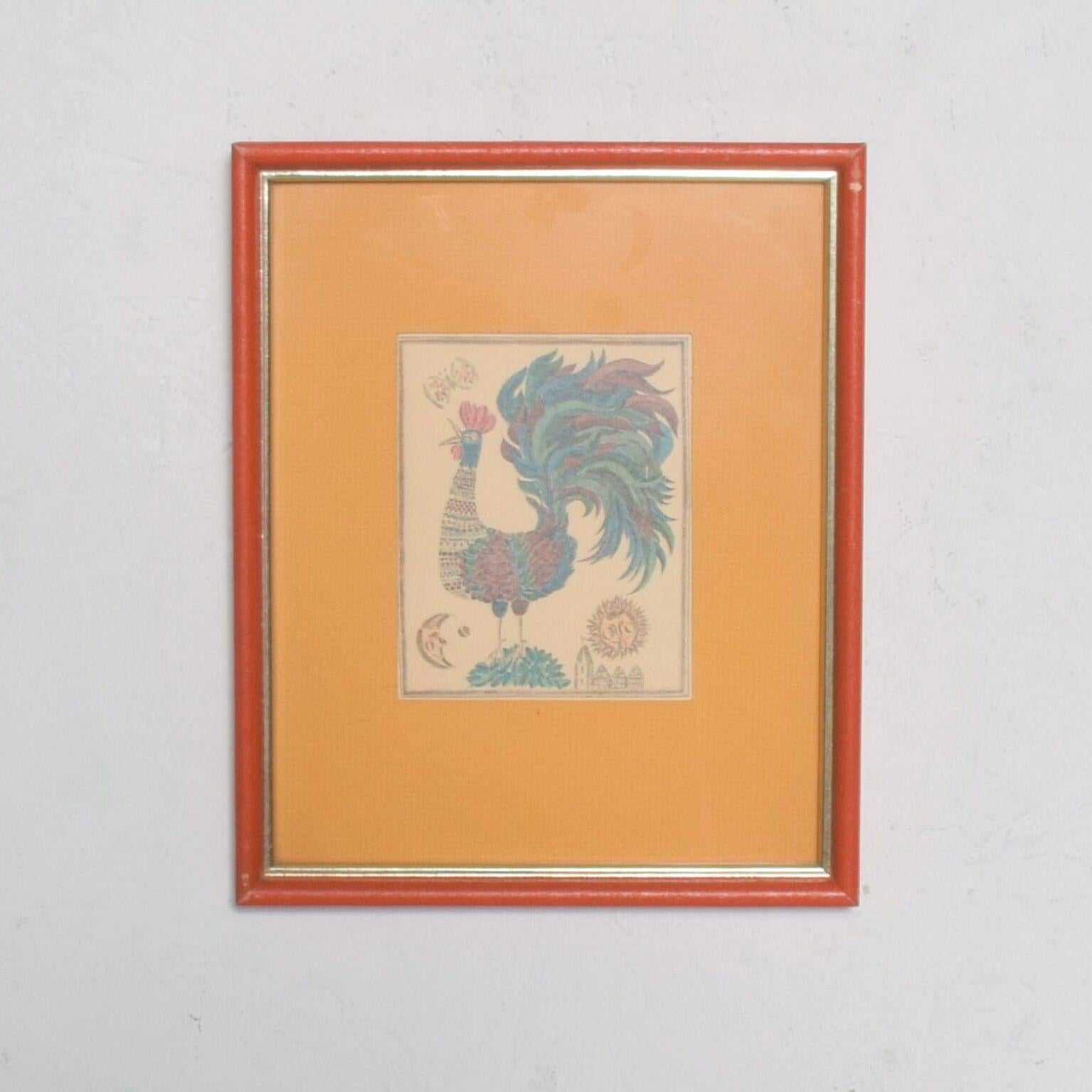 Mid-Century Modern  1970s Art Two Framed Prints Bright Rooster & Flower Orange Yellow For Sale