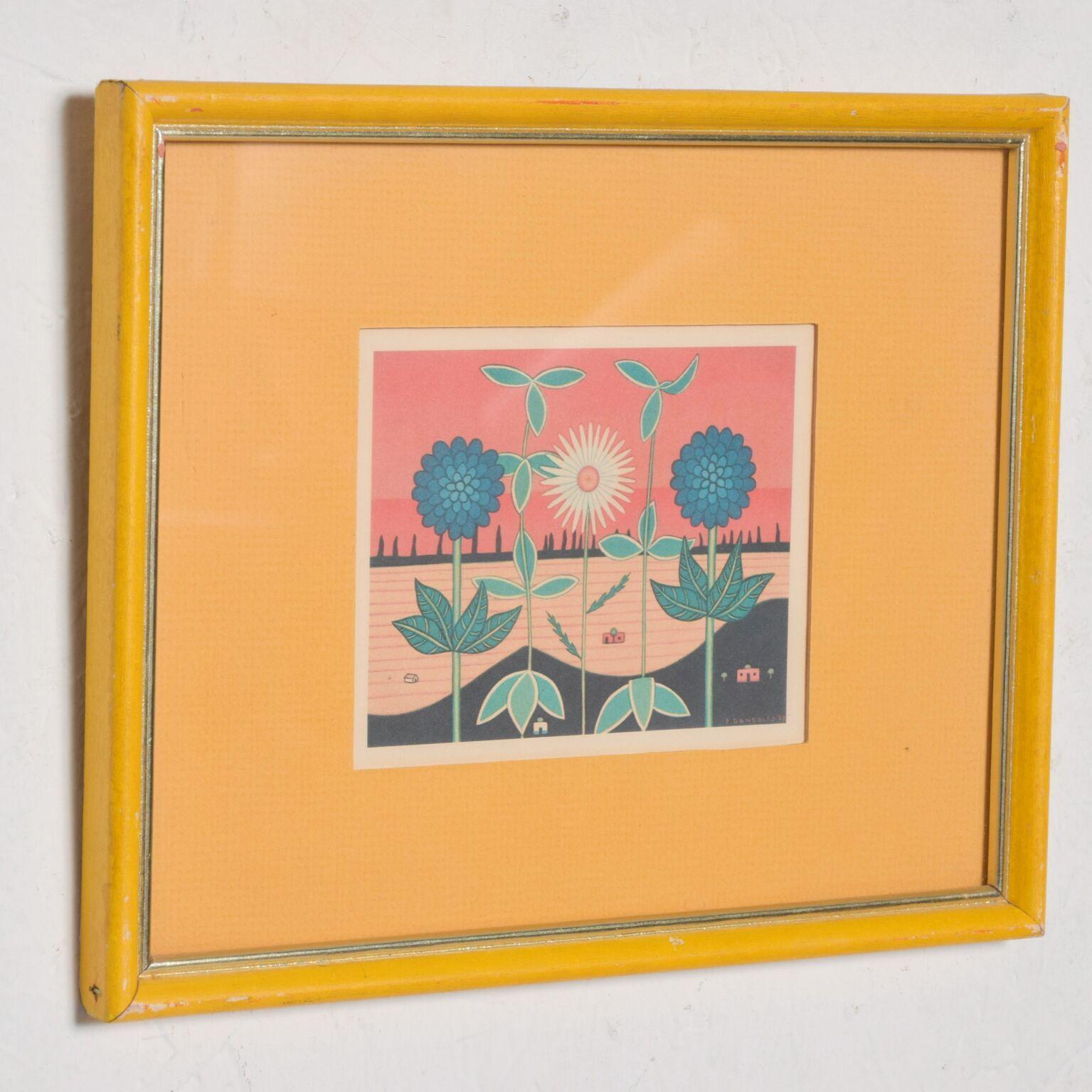 American  1970s Art Two Framed Prints Bright Rooster & Flower Orange Yellow For Sale