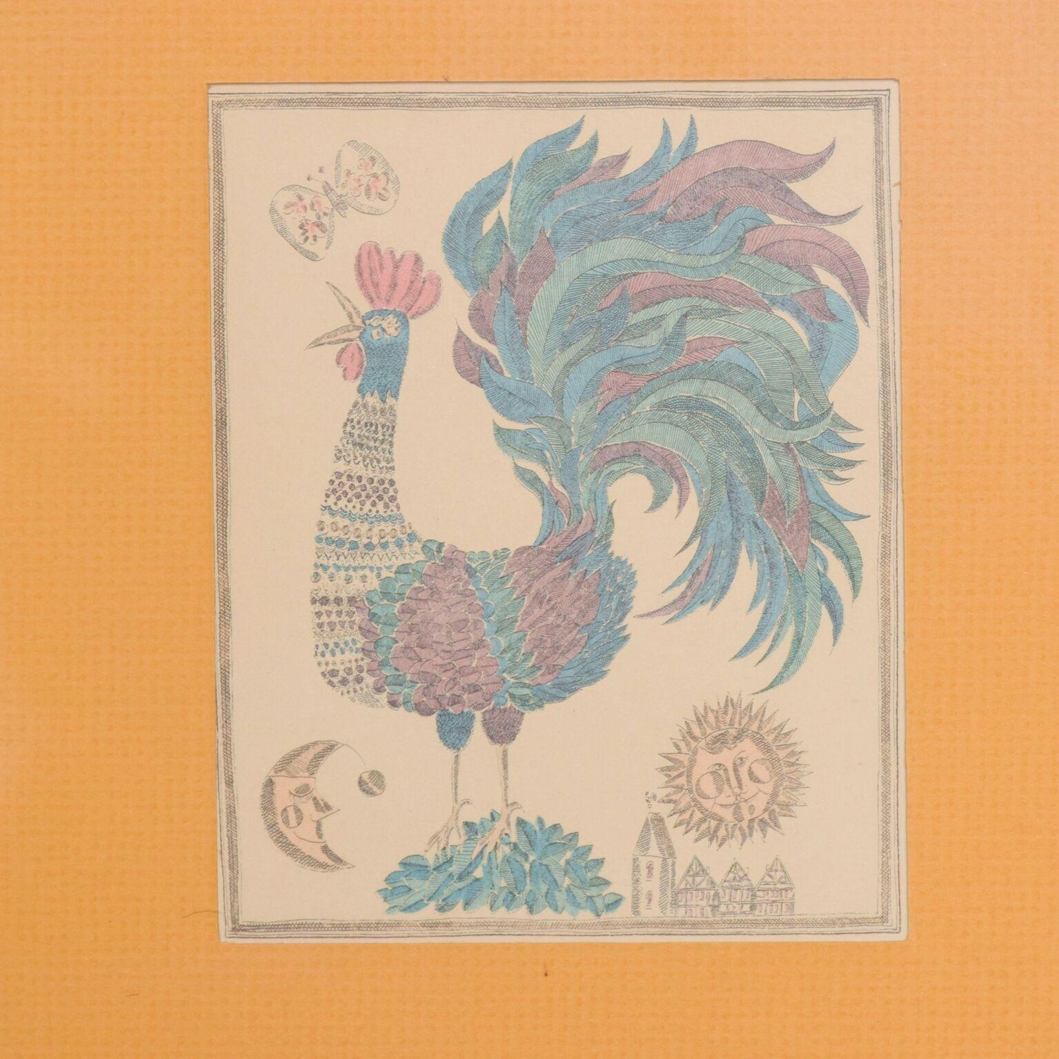  1970s Art Two Framed Prints Bright Rooster & Flower Orange Yellow In Good Condition For Sale In Chula Vista, CA