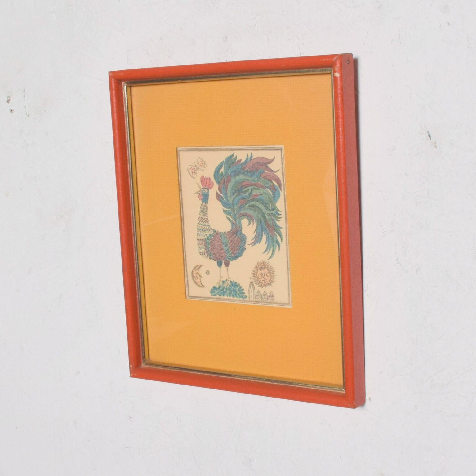  1970s Art Two Framed Prints Bright Rooster & Flower Orange Yellow For Sale 1