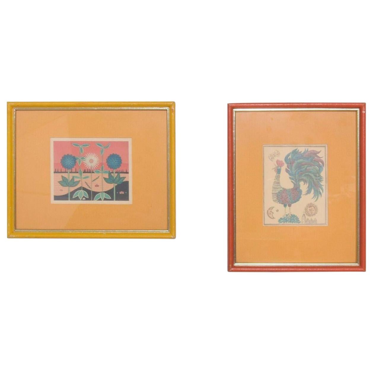  1970s Art Two Framed Prints Bright Rooster & Flower Orange Yellow