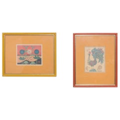 1970s Art Two Framed Prints Bright Rooster & Flower Orange Yellow