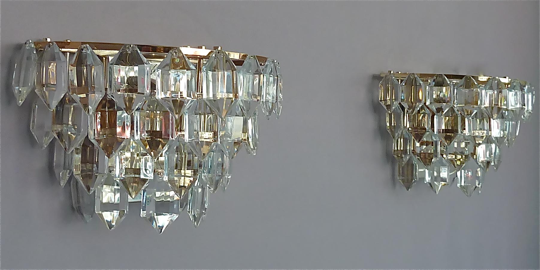 Austrian Pair Bakalowits Sconces Wall Lamps Faceted Crystal Glass Silver Metal 1960s For Sale