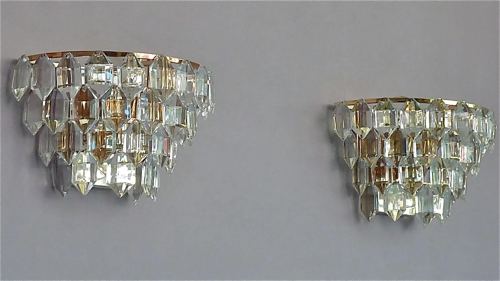 Mid-20th Century Pair Bakalowits Sconces Wall Lamps Faceted Crystal Glass Silver Metal 1960s For Sale