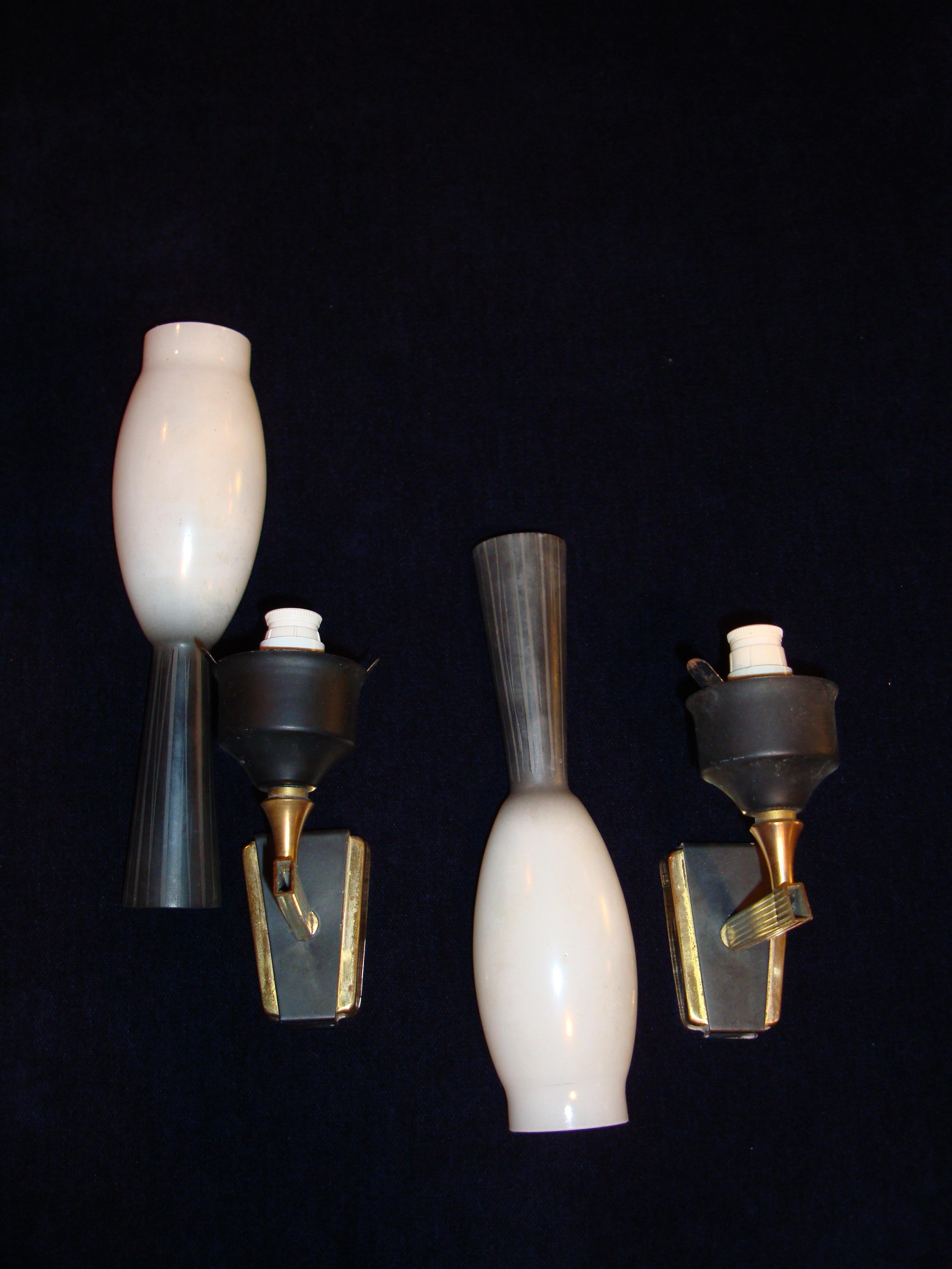 Mid-Century Modern Midcentury Pair Italian Opal Glass Wall Sconces For Sale