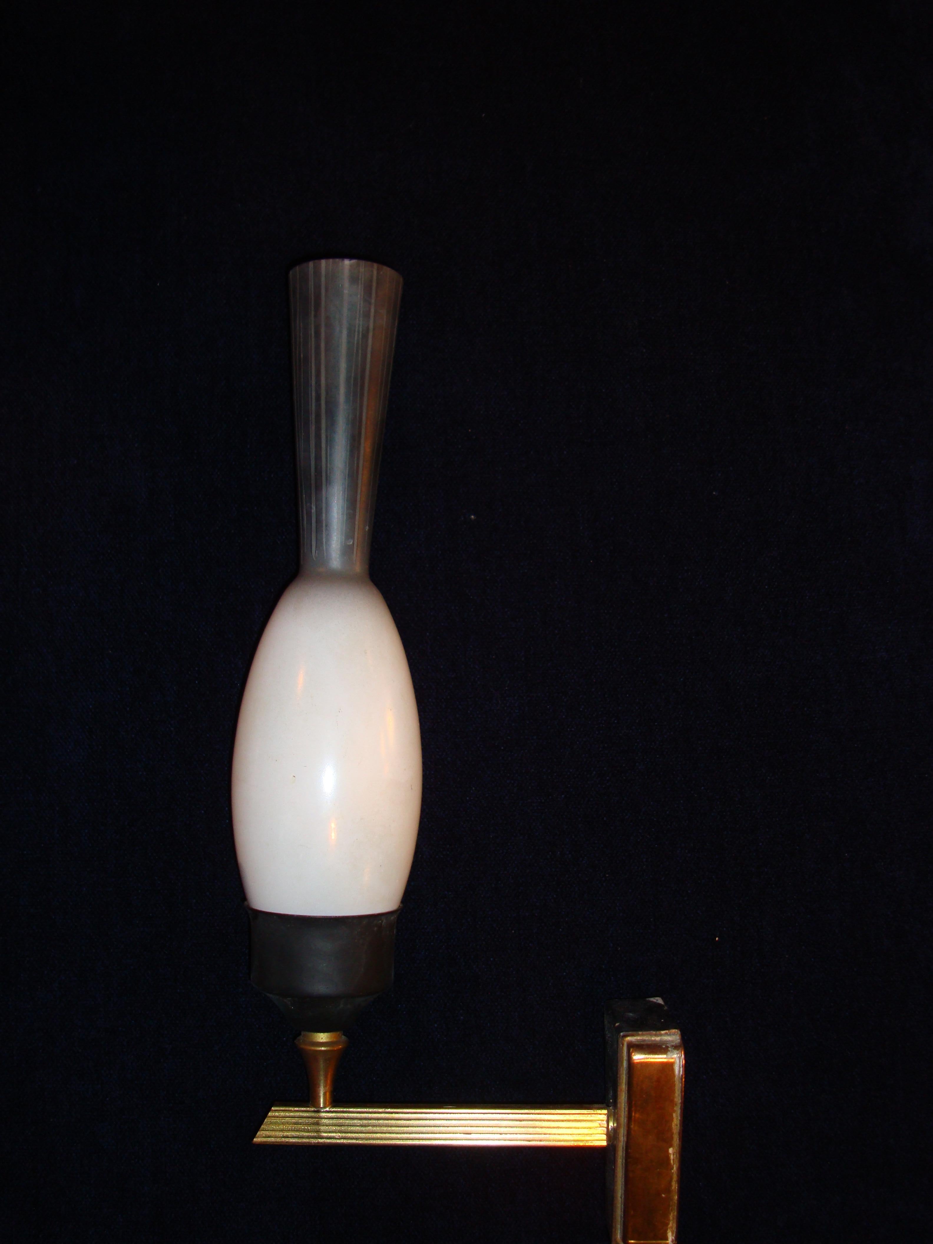 Metal Midcentury Pair Italian Opal Glass Wall Sconces For Sale