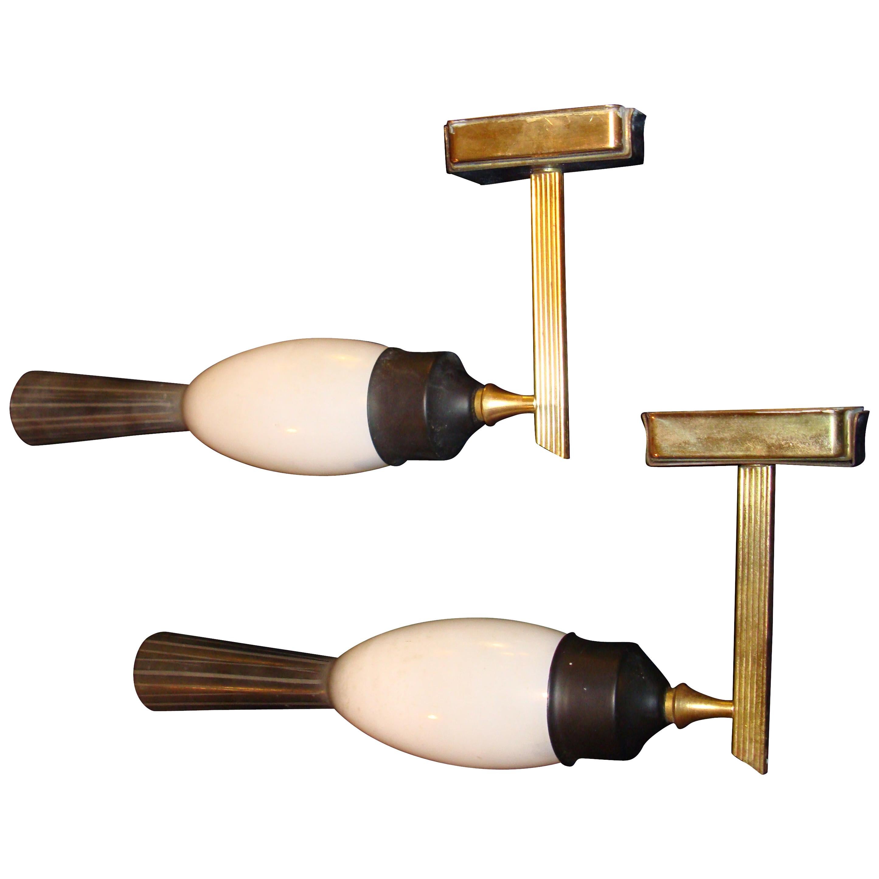 Midcentury Pair Italian Opal Glass Wall Sconces For Sale