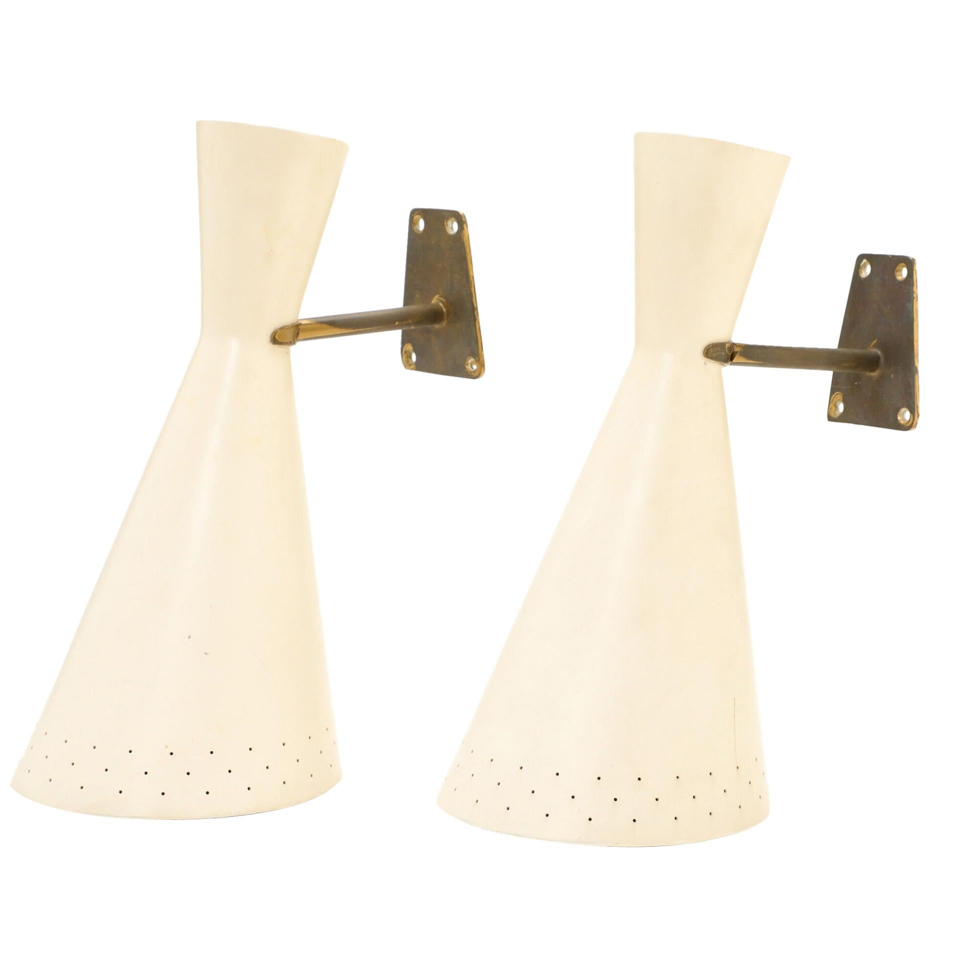 Midcentury Pair of 1950s Italian Brass and Enamel Wall Lamps