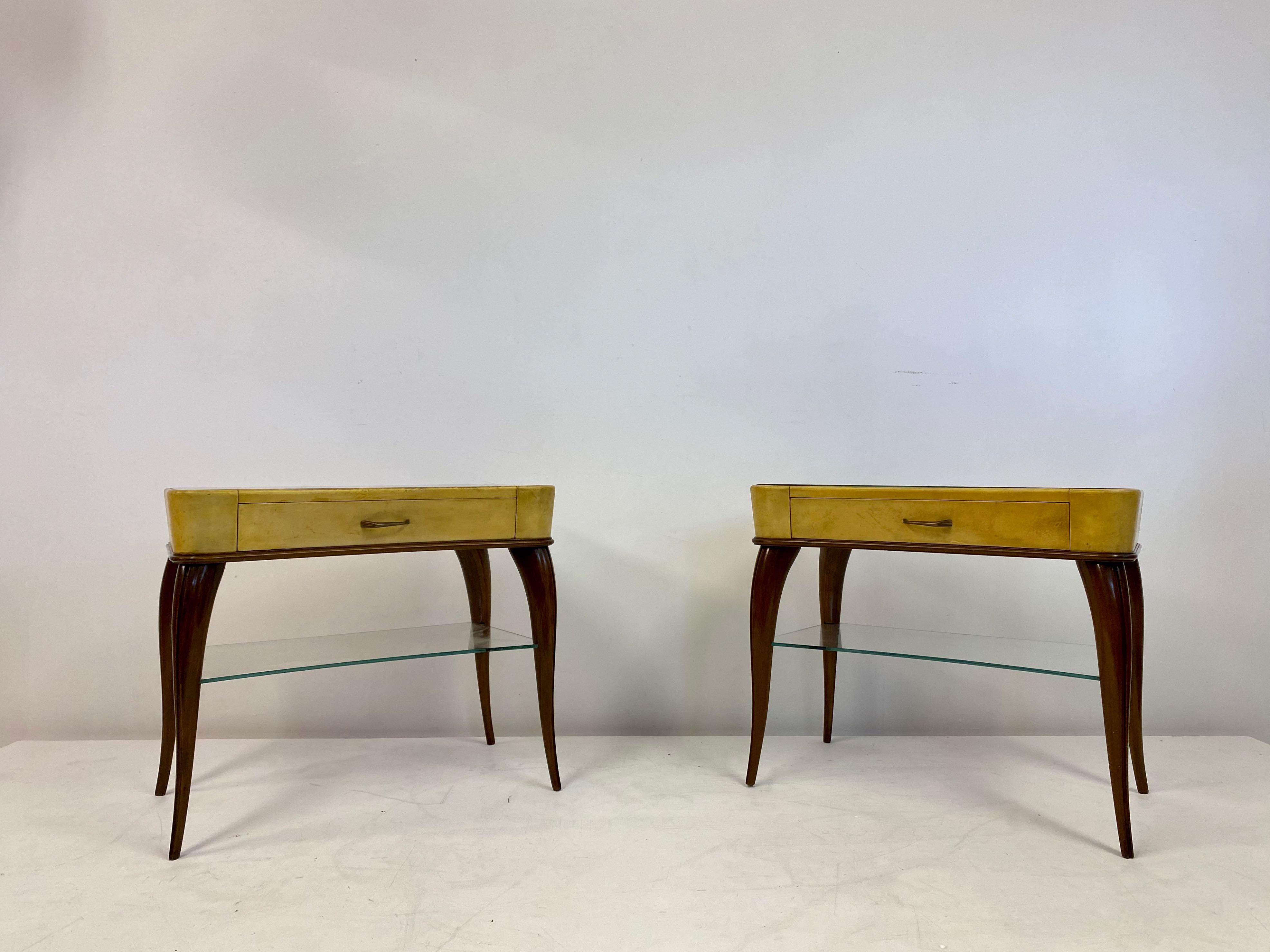 Midcentury Pair of 1950s Italian Wood and Parchment Bedside Tables 3