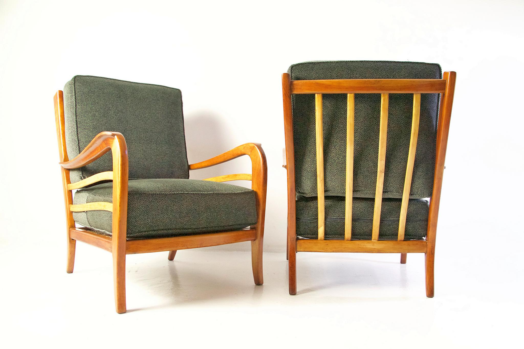 Pair of armchairs by Paolo Buffa, Italy with a wood frame in cherry and maple and reupholstered in Italian high quality upholstery velvet. The entire chair has been refinished in the wood as well.
Paolo Buffa is an Italian designer and architect.