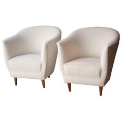 Midcentury Pair of Armchairs White Bouclé Wool Upholstery, Italy, 1950