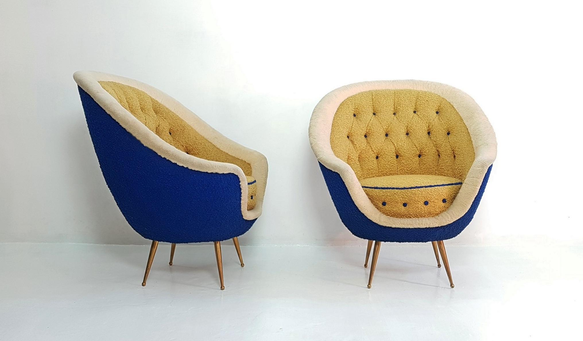Mid-Century Modern Midcentury Pair of Armchairs with Brass Spider Legs by ISA Bergamo, Italy, 1959