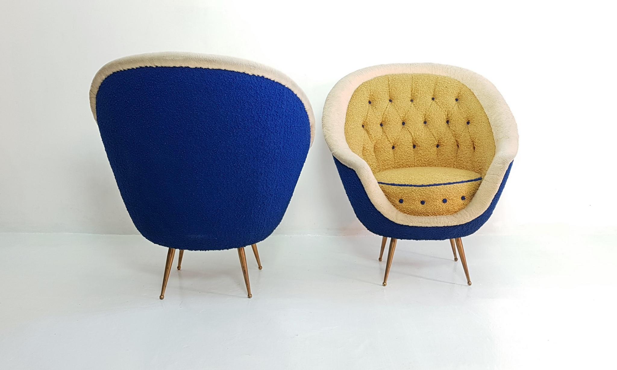 Italian Midcentury Pair of Armchairs with Brass Spider Legs by ISA Bergamo, Italy, 1959