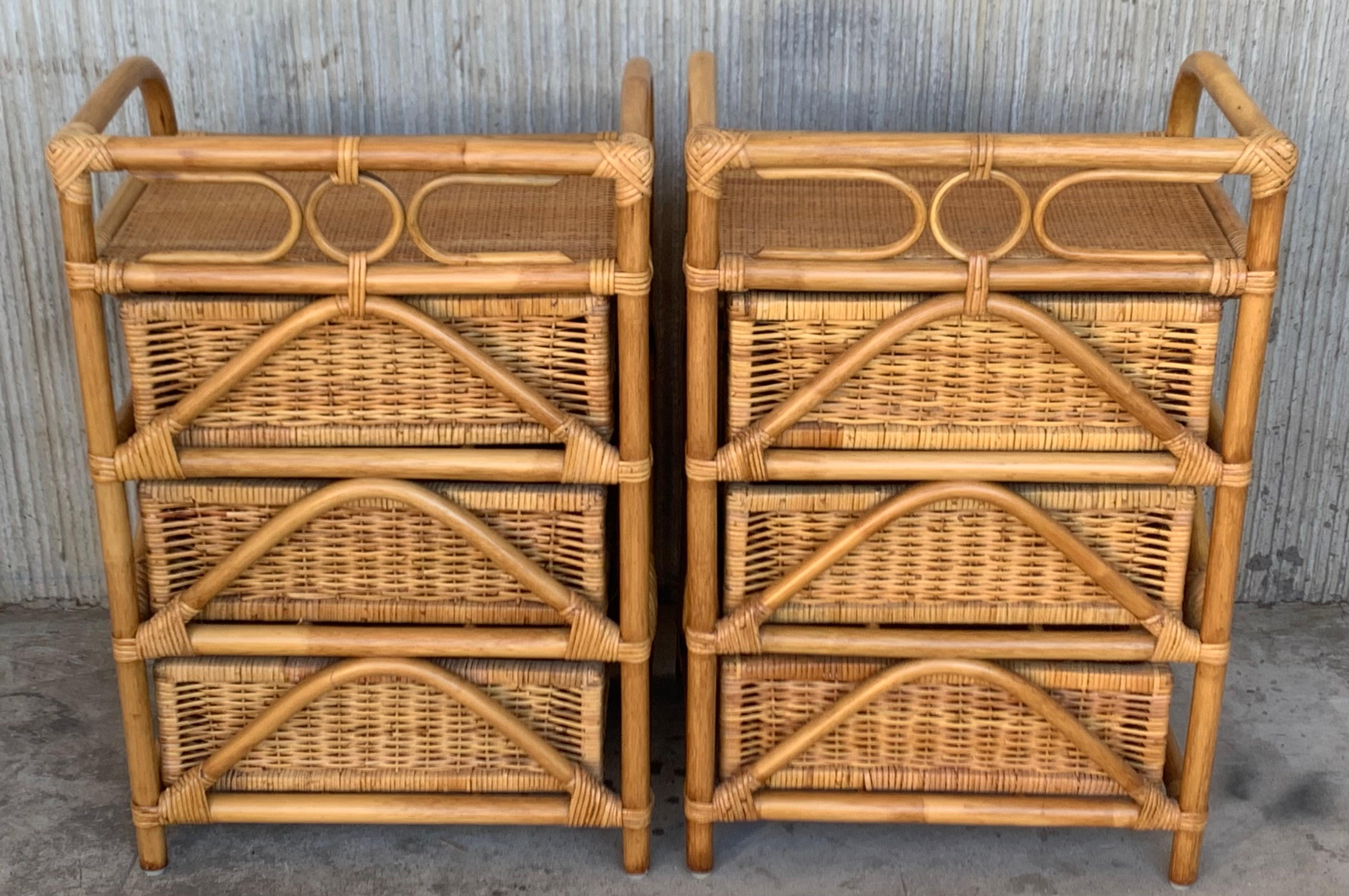 Midcentury Pair of Bamboo & Rattan Nightstands with Three Drawers For Sale 4