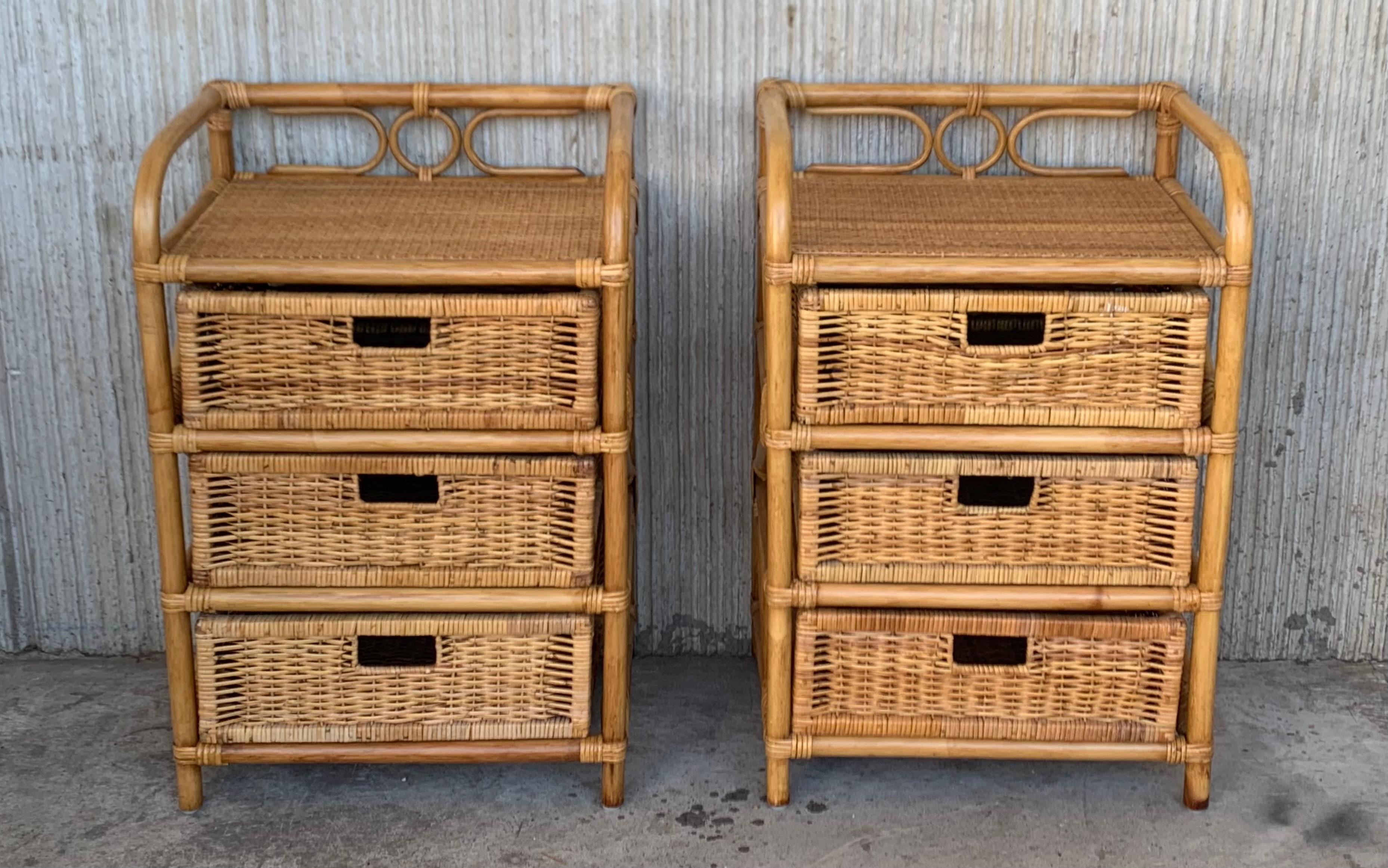Mid-Century Modern Midcentury Pair of Bamboo & Rattan Nightstands with Three Drawers For Sale