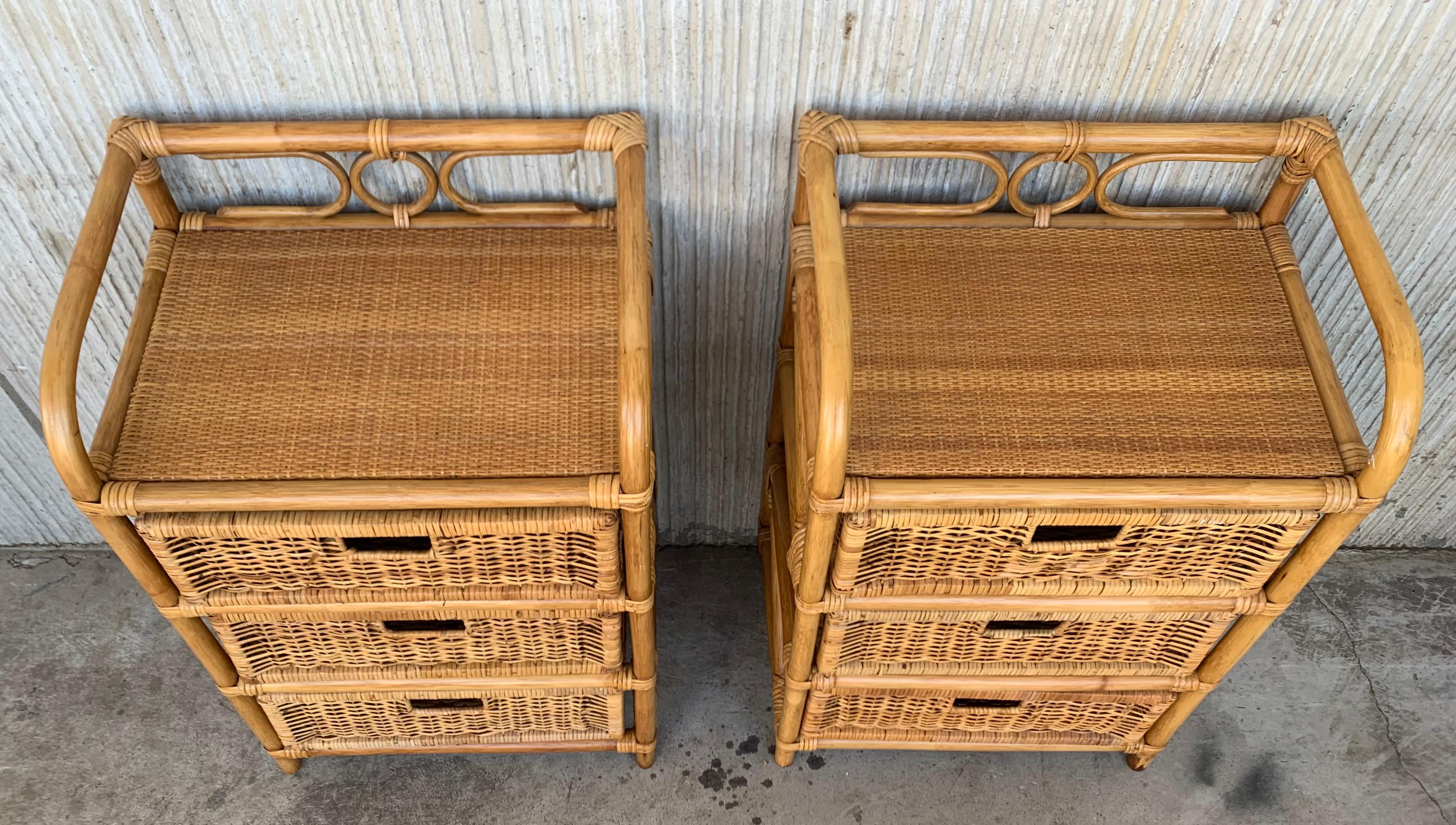 20th Century Midcentury Pair of Bamboo & Rattan Nightstands with Three Drawers For Sale