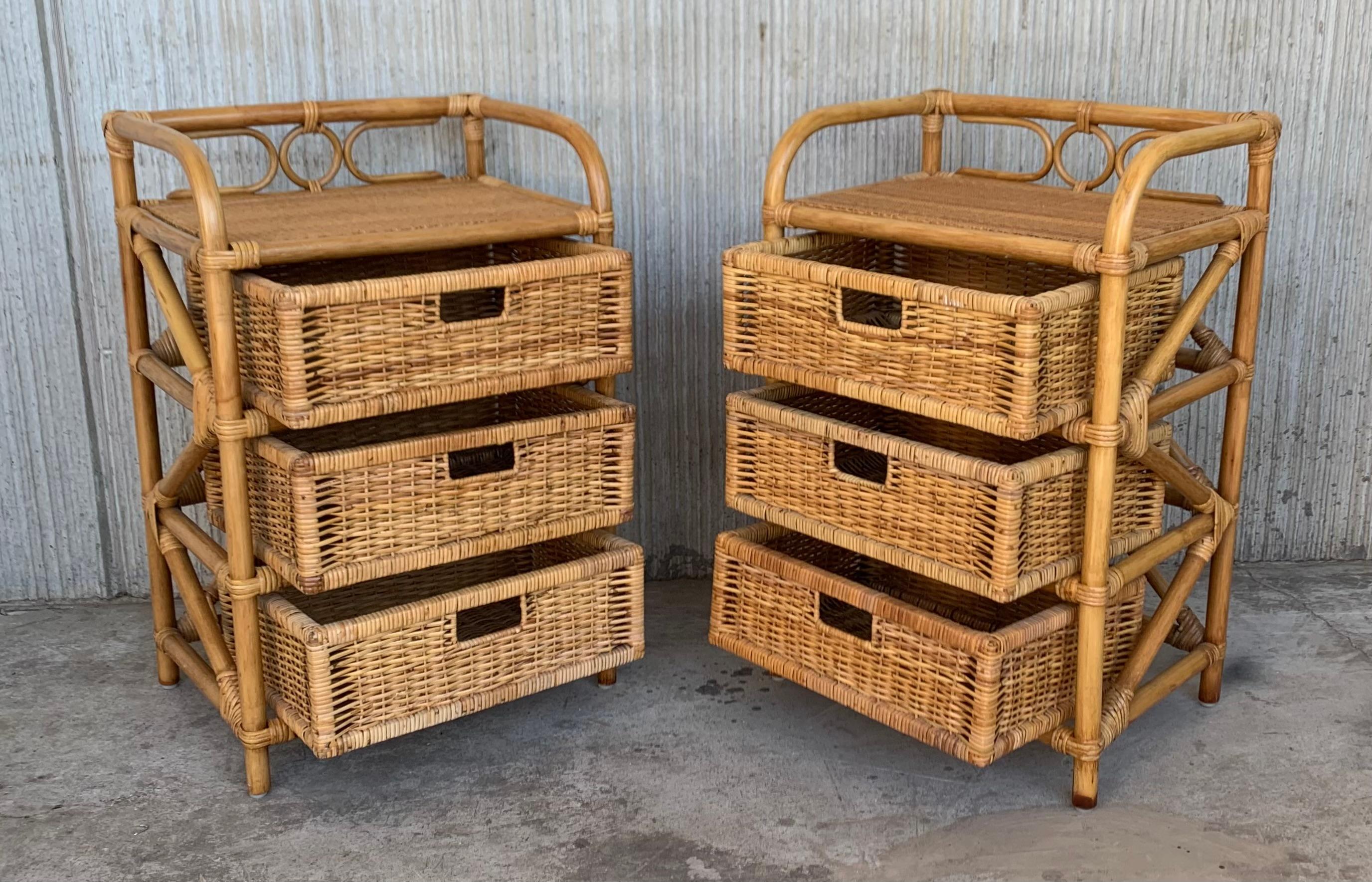 Midcentury Pair of Bamboo & Rattan Nightstands with Three Drawers For Sale 1