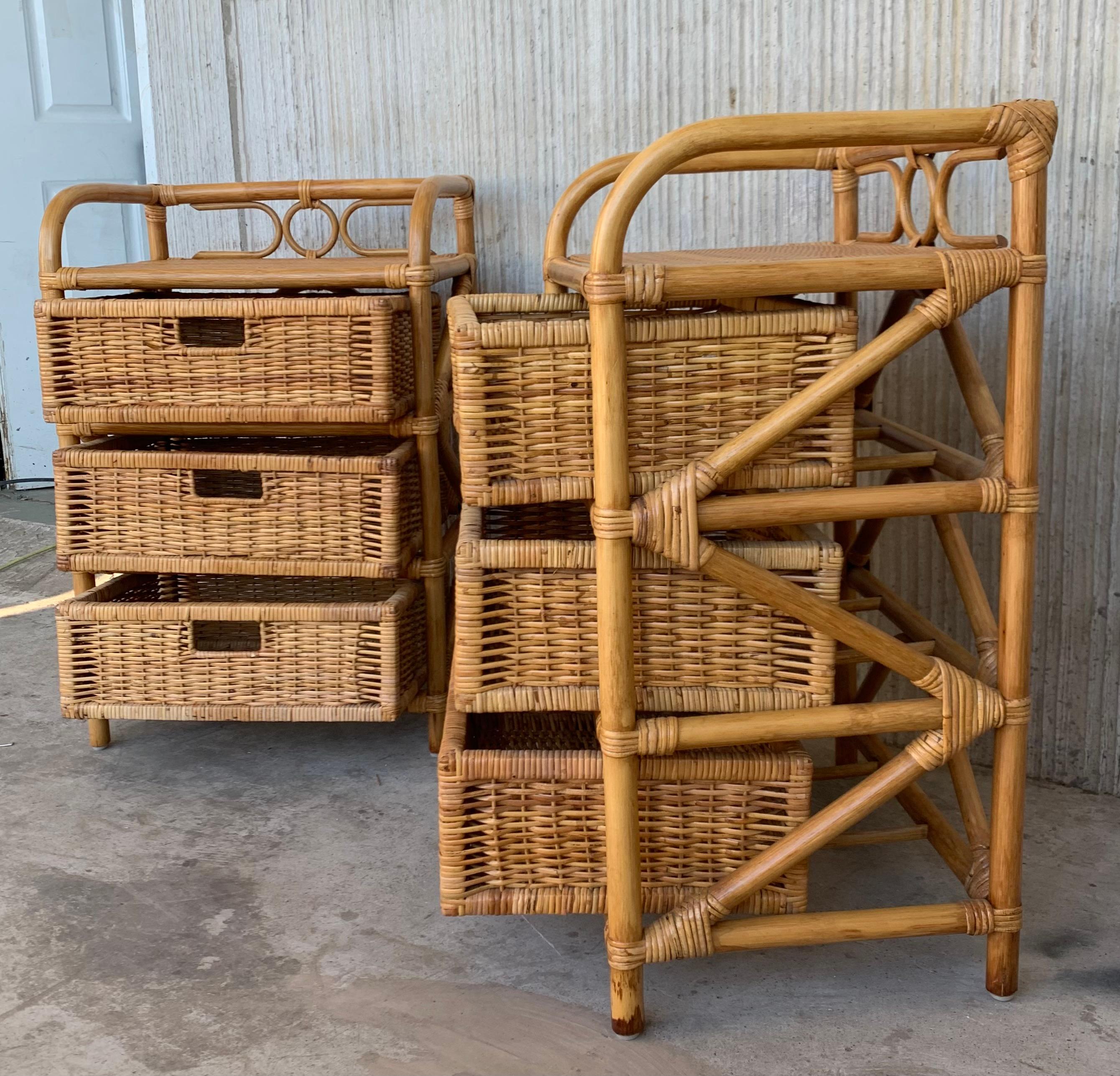 Midcentury Pair of Bamboo & Rattan Nightstands with Three Drawers For Sale 2