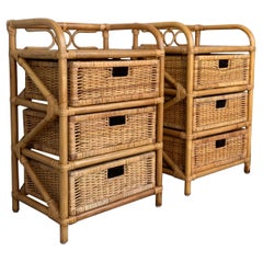 Midcentury Pair of Bamboo & Rattan Nightstands with Three Drawers