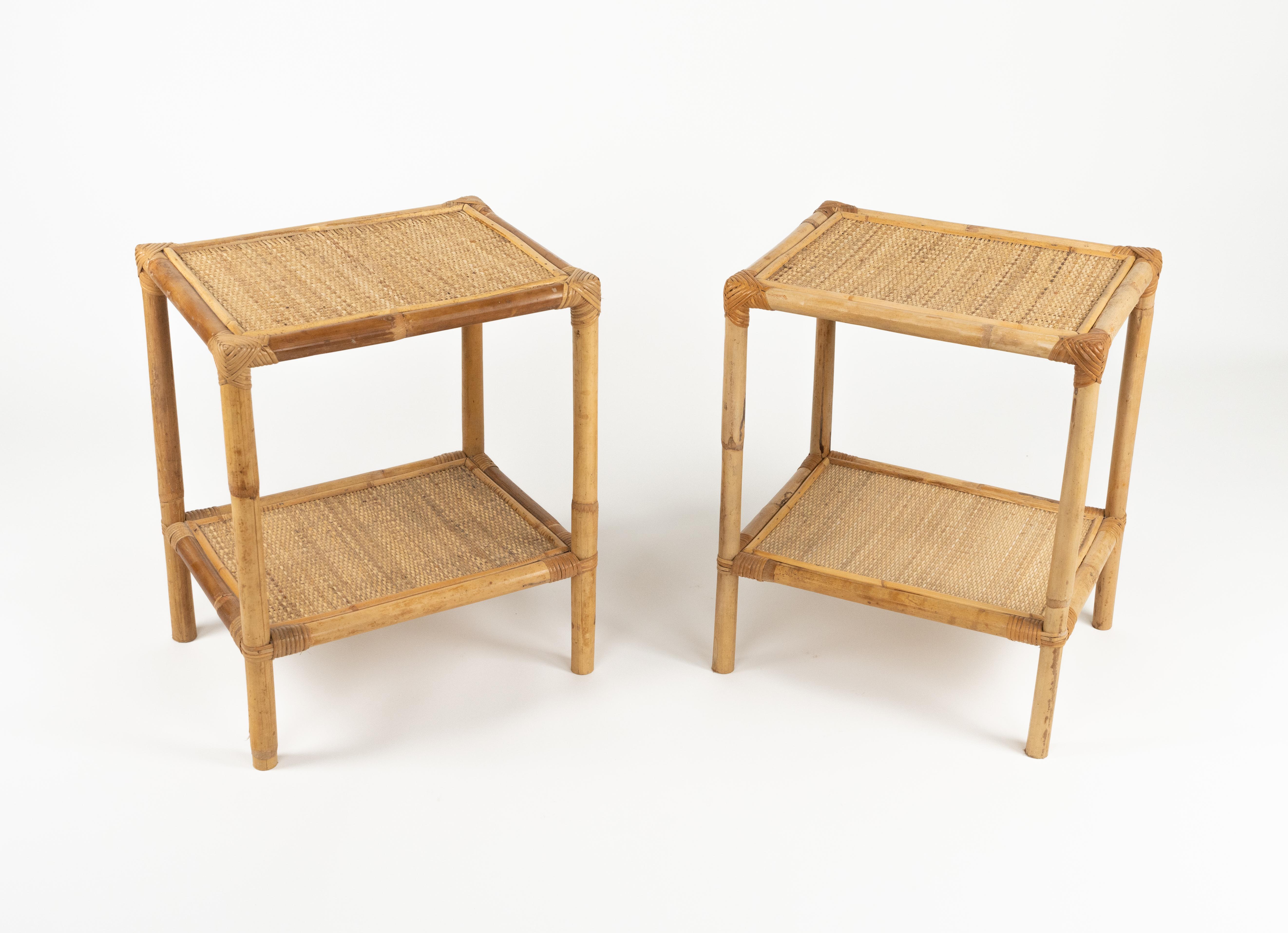 Mid-Century Modern Midcentury Pair of Bed Side Tables in Bamboo, Rattan & Wicker, Italy 1970s For Sale