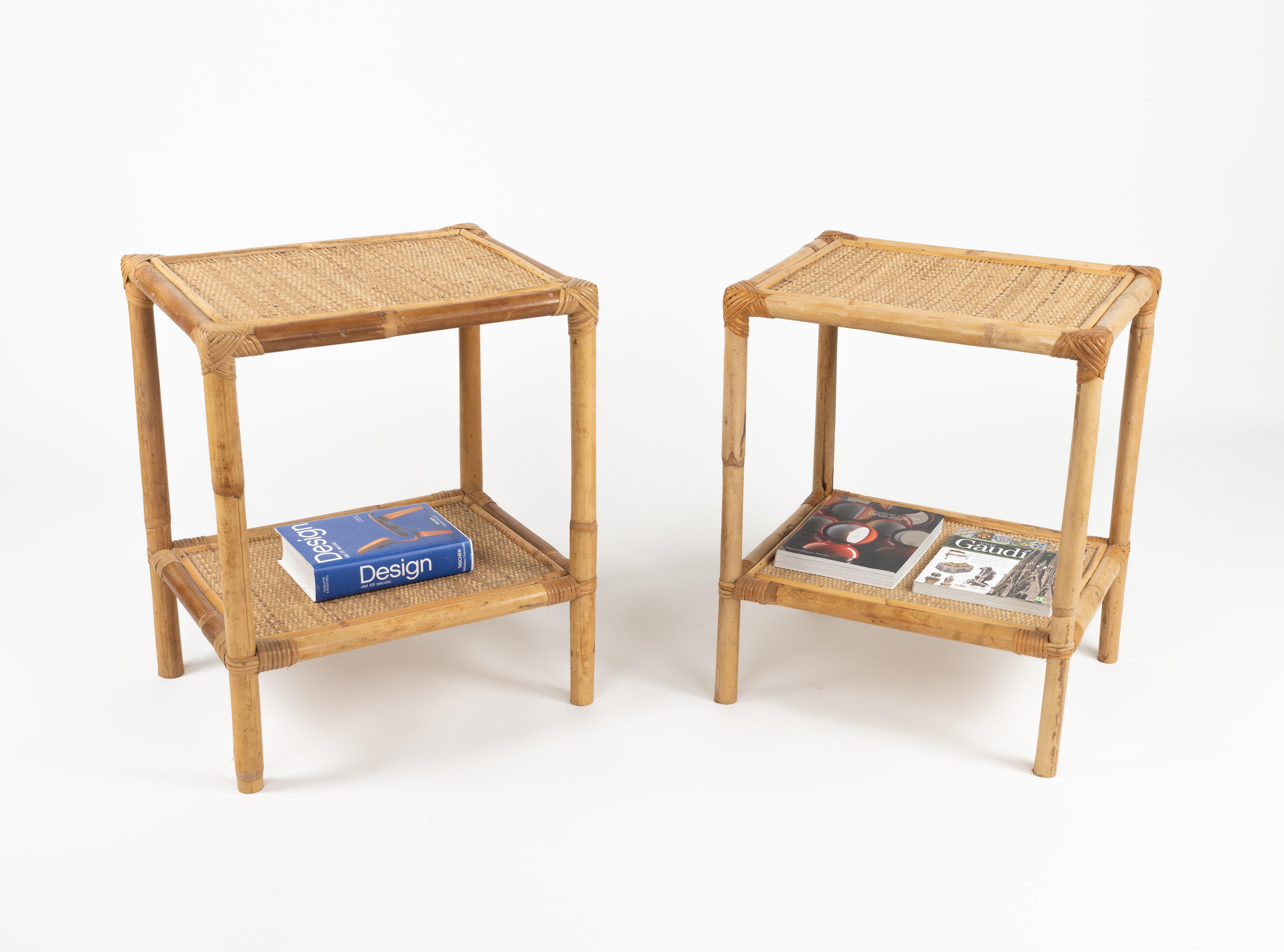 Midcentury Pair of Bed Side Tables in Bamboo, Rattan & Wicker, Italy 1970s For Sale 1
