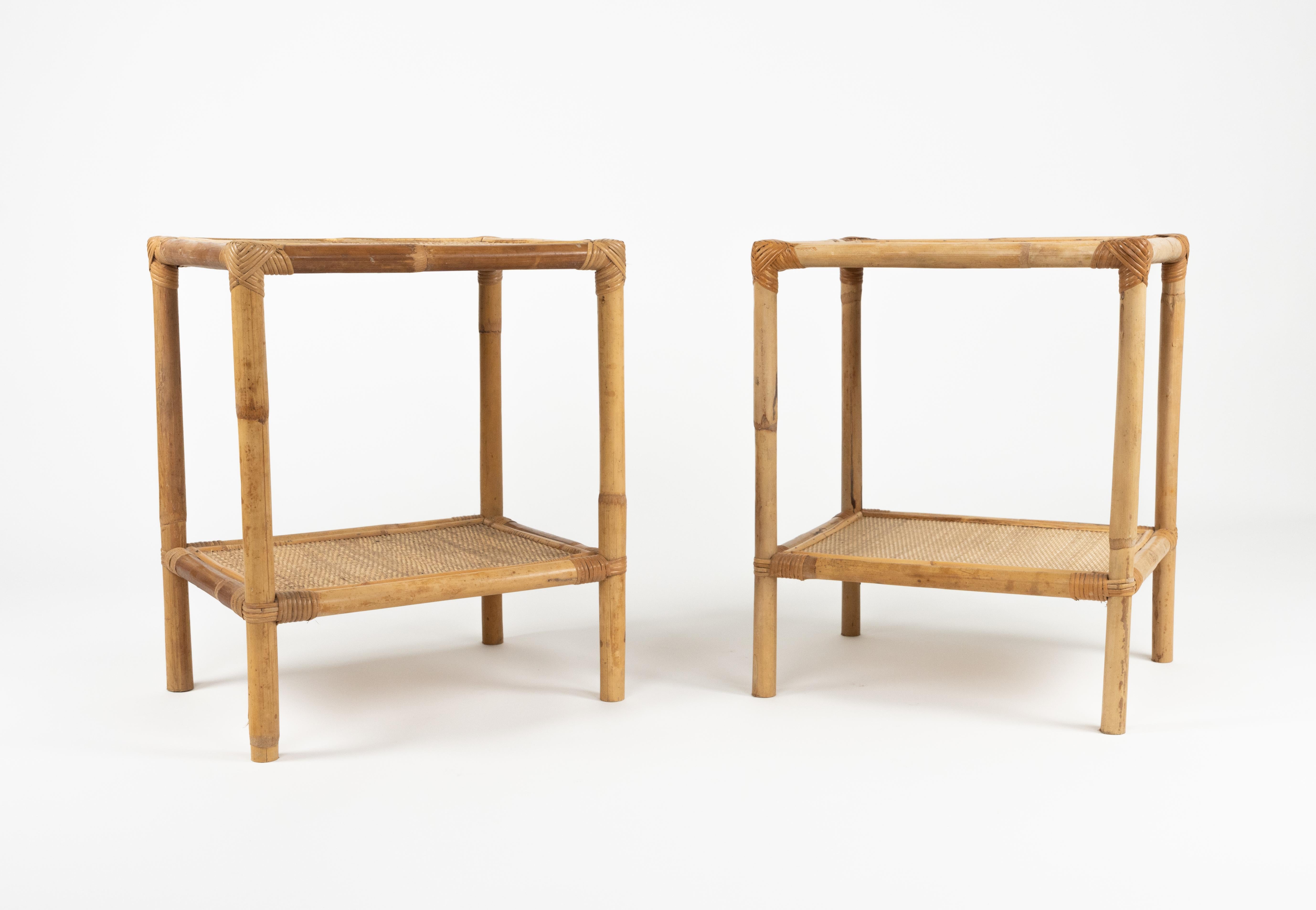 Midcentury Pair of Bed Side Tables in Bamboo, Rattan & Wicker, Italy 1970s For Sale 2