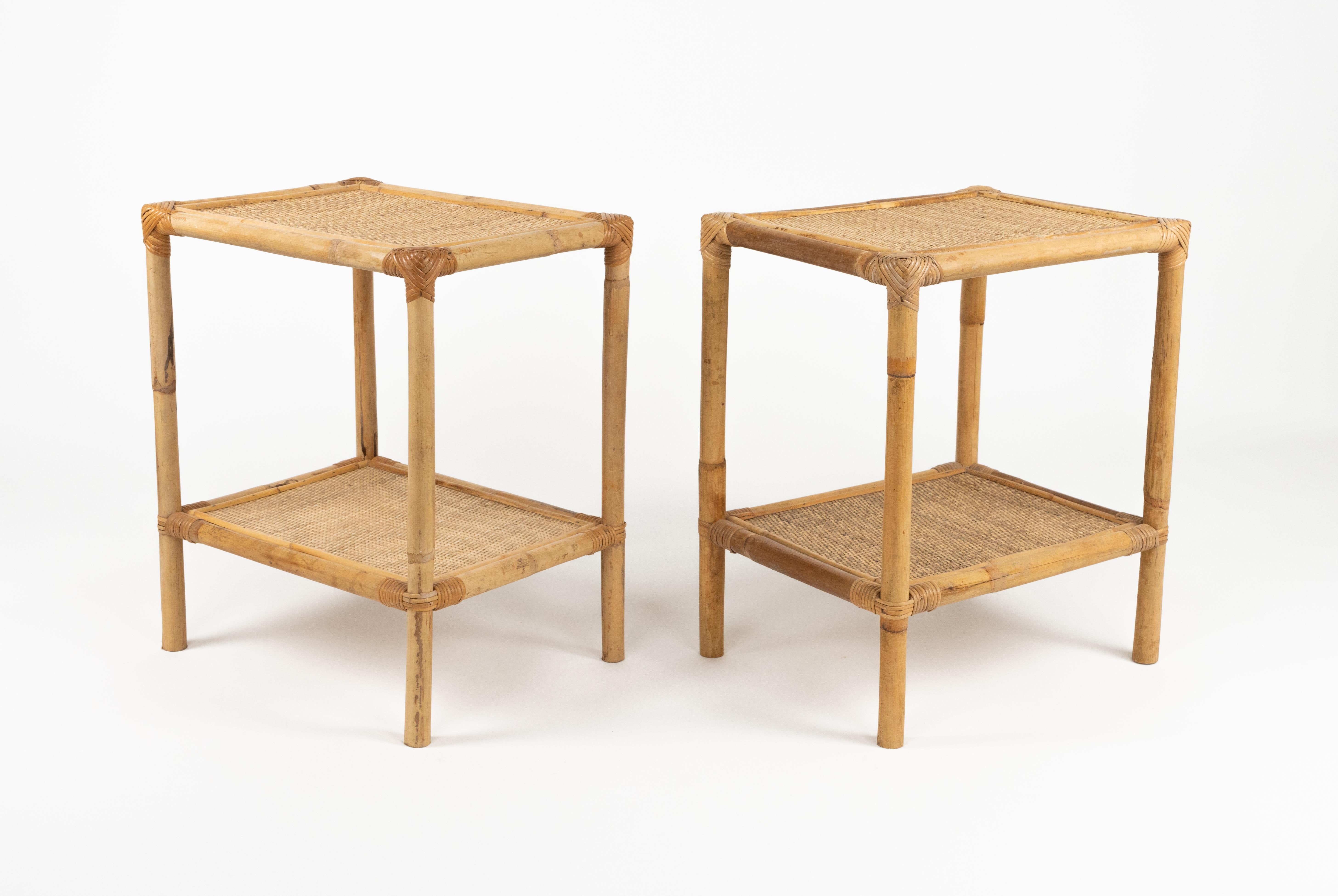 Midcentury Pair of Bed Side Tables in Bamboo, Rattan & Wicker, Italy 1970s For Sale 3