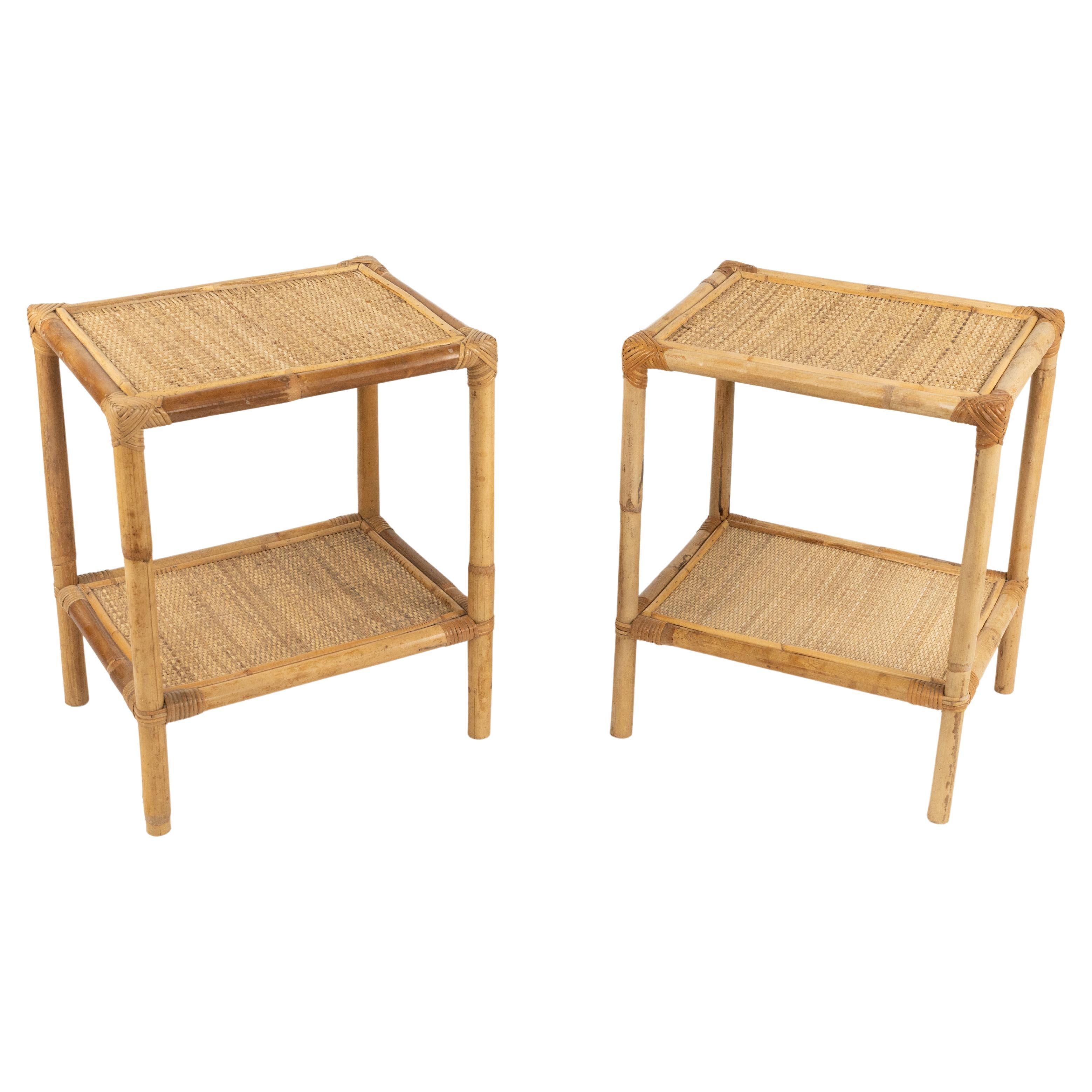 Midcentury Pair of Bed Side Tables in Bamboo, Rattan & Wicker, Italy 1970s For Sale