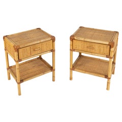 Midcentury Pair of Bed Side Tables Nightstands in Bamboo and Rattan, Italy 1970s