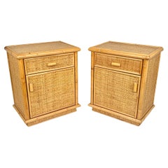 Midcentury Pair of Bed Side Tables Nightstands in Bamboo & Rattan, Italy, 1970s