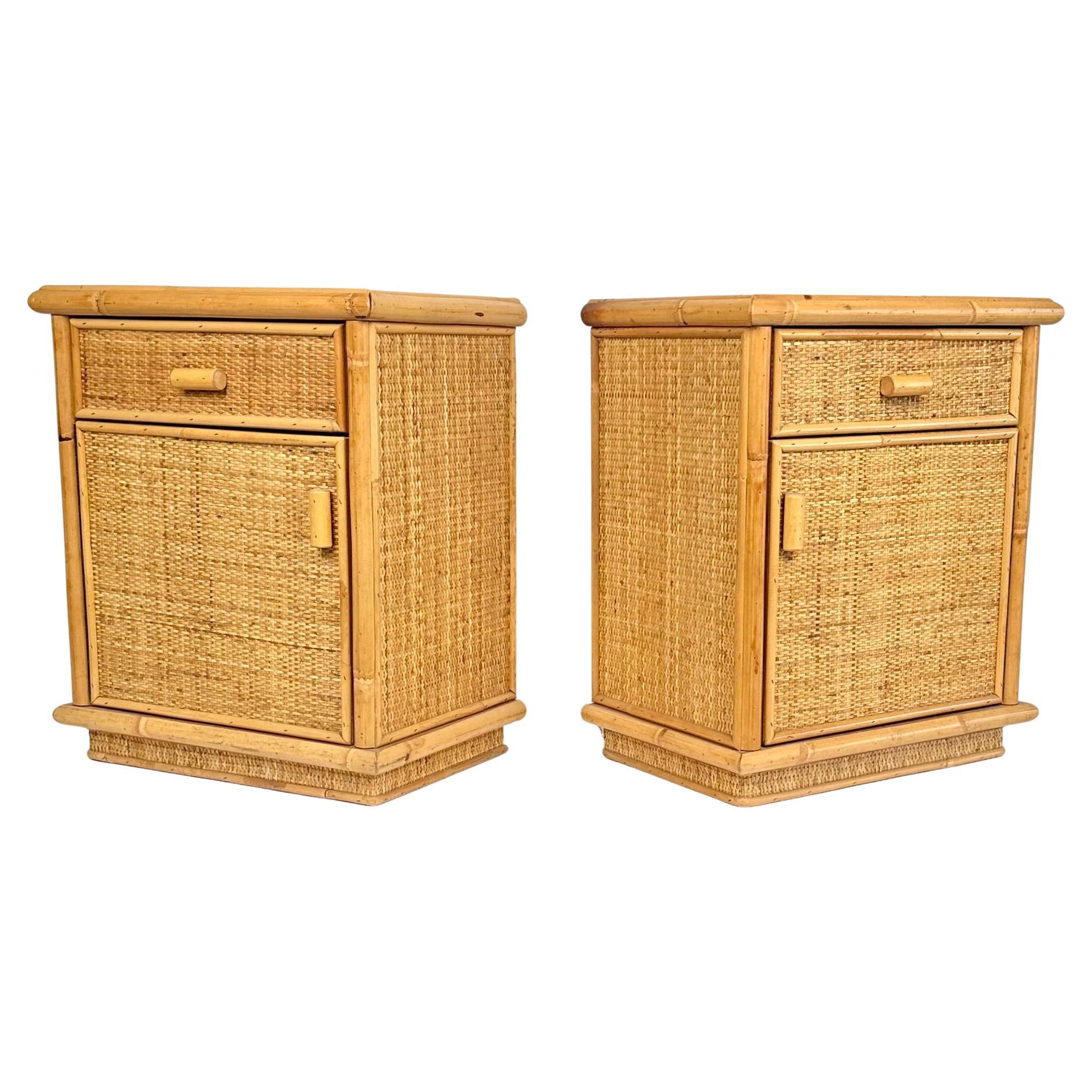 Midcentury Pair of Bed Side Tables Nightstands in Bamboo & Rattan, Italy, 1970s