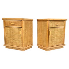 Midcentury Pair of Bed Side Tables Nightstands in Bamboo & Rattan, Italy, 1970s