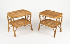 Midcentury Pair of Bed Side Tables Nightstands in Rattan and bamboo, Italy 1960s