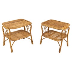 Used Midcentury Pair of Bed Side Tables Nightstands in Rattan and bamboo, Italy 1960s