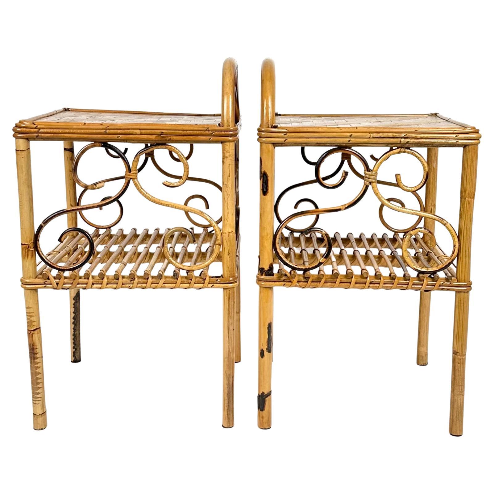 Midcentury Pair of Bedside Tables Nightstands in Bamboo and Rattan, Italy, 1960s 4